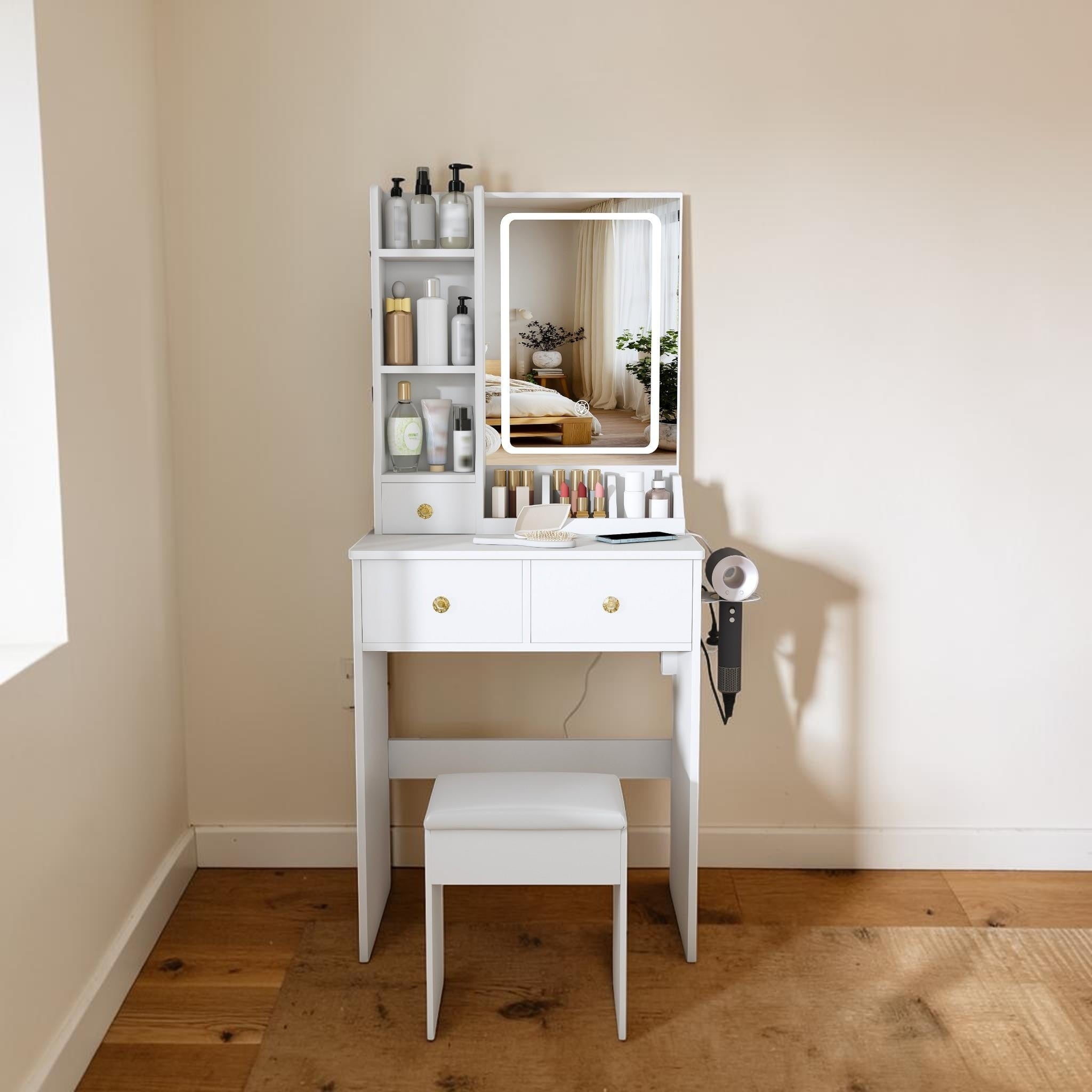 Small Makeup Vanity Desk With Led Lighted Mirror 3 Drawers Power Outlet Hair Dryer Holder And Chair Modern Vanity