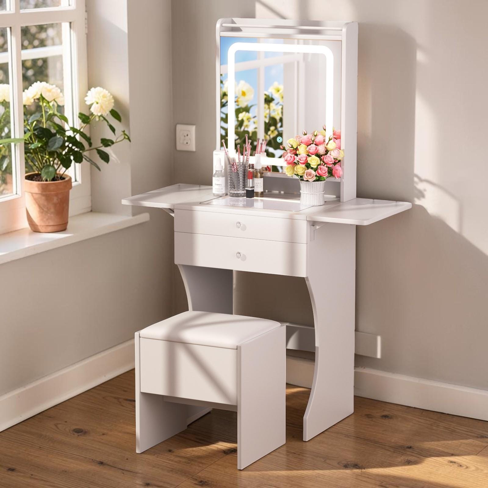 Small Makeup Vanity Desk With Led Mirror And Stool Foldable Side Tables Glass Top Dressing Table For Small Spaces