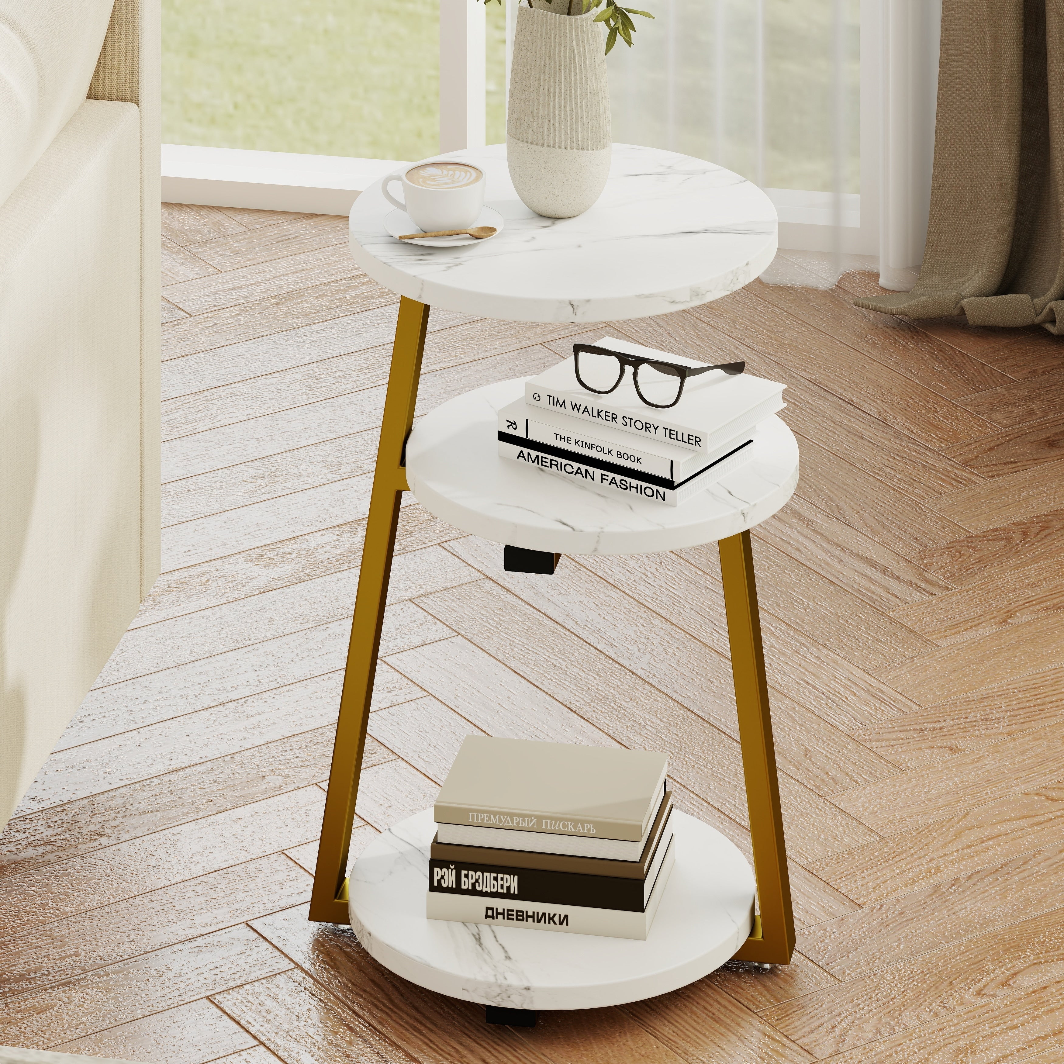 Small Round Side Table With 3 Tier Storage Sturdy Metal Frame Nightstand Compact Couch Table For Bedroom Living Room