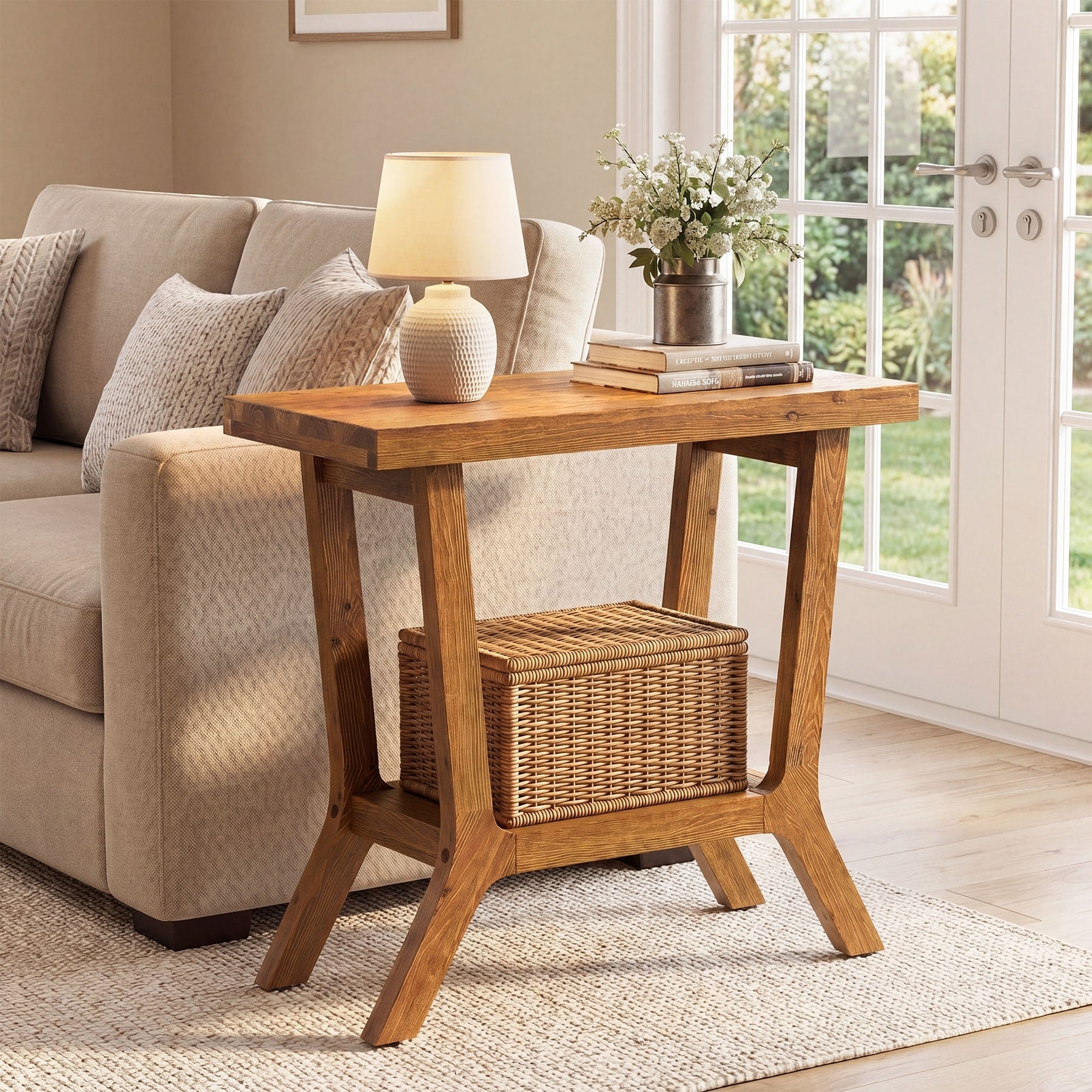 Small Solid Wood End Table Wooden Side Table With 2 Tier Storage