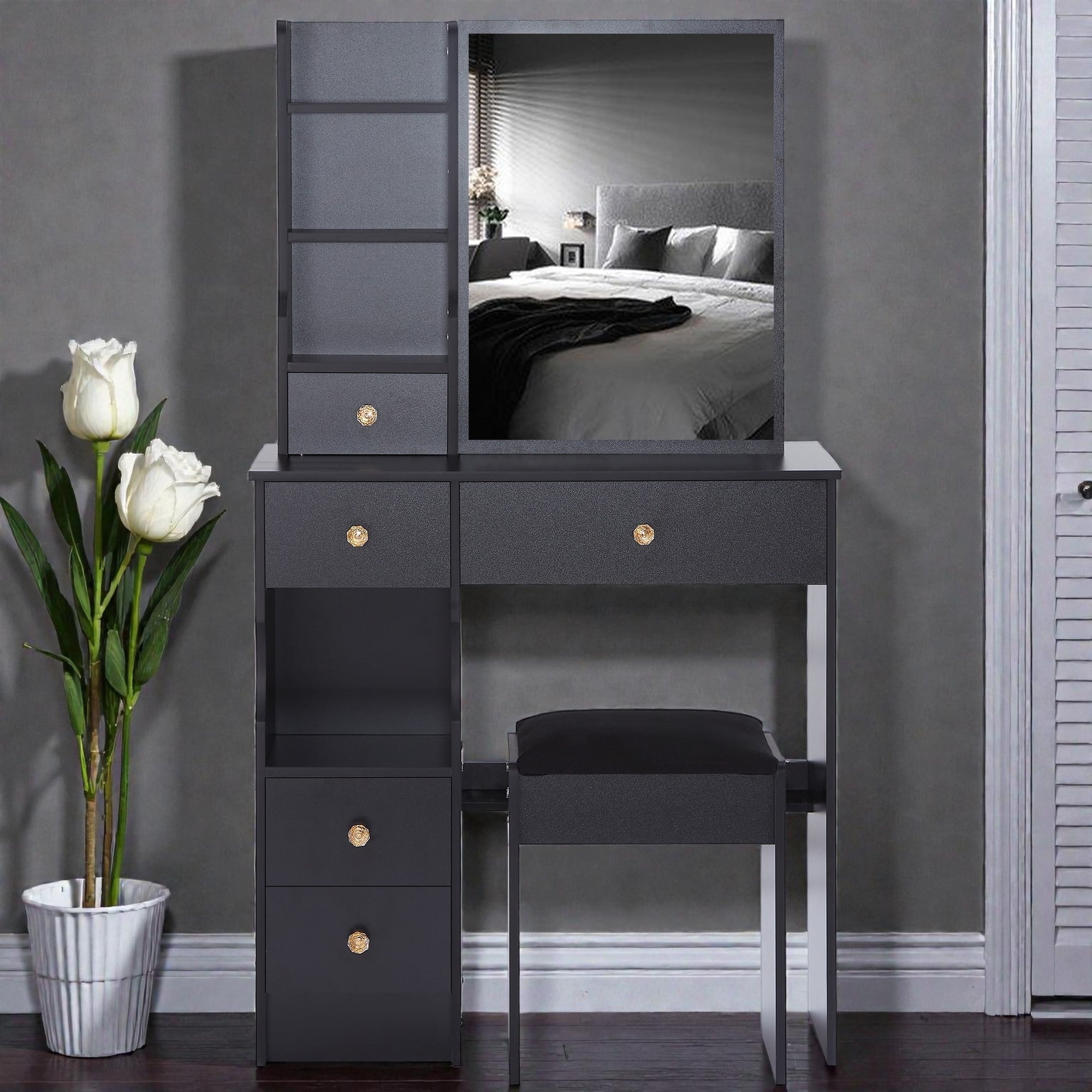 Small Space Vanity Table With Sliding Mirror And Stool 29.2 Inch Makeup Dresser With Drawer Storage