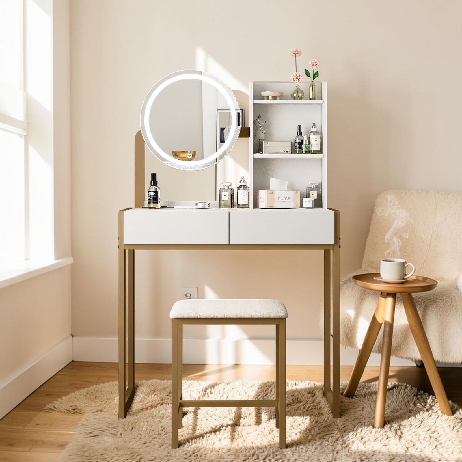 Small Vanity Desk With Led Mirror And Lights Makeup Table With Drawer Shelves Power Outlet And Cushioned Stool