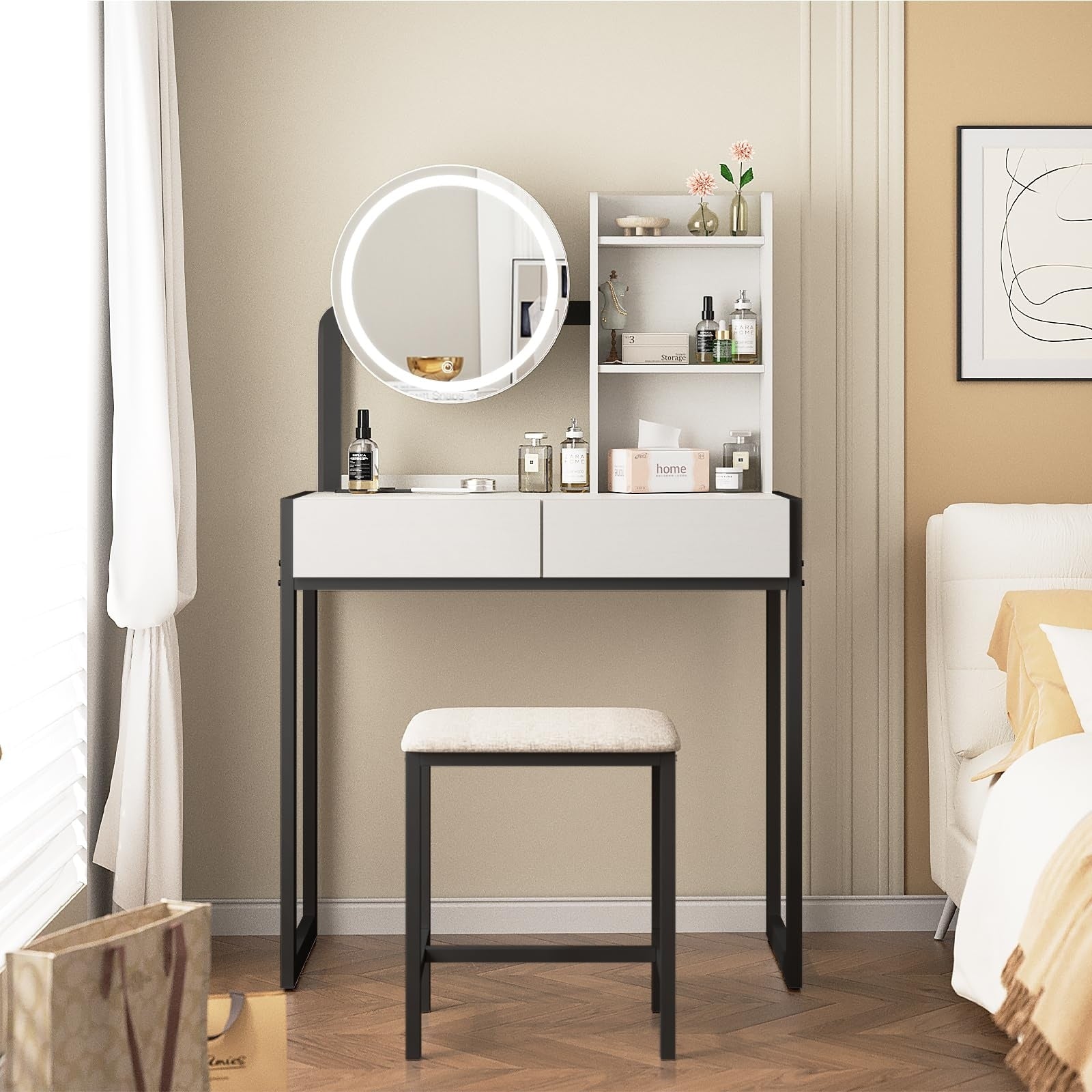 Small Vanity Desk With Mirror And Lights 3 Lighting Modes Power Outlet Drawer Open Shelves And Cushioned Stool