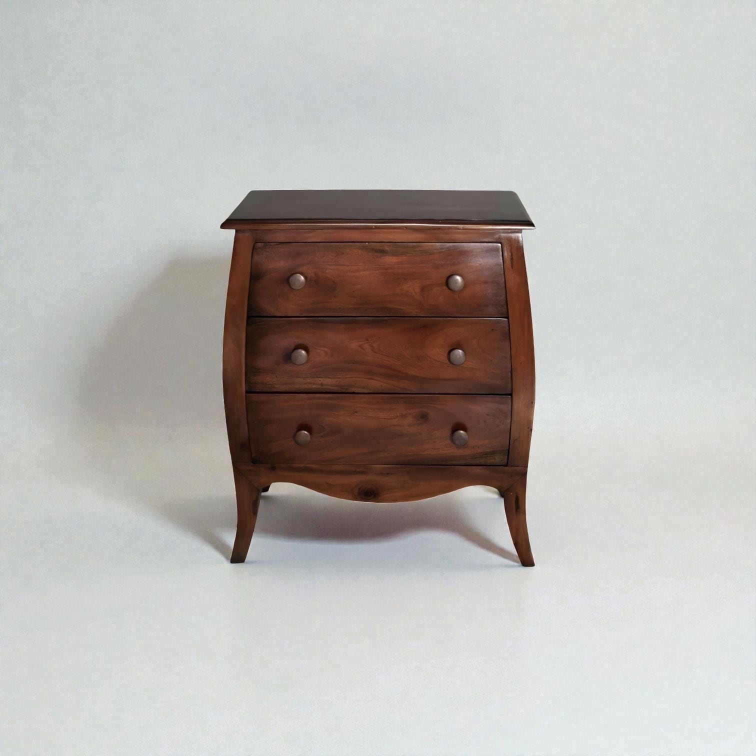 Small Walnut Finish Bombe Accent Chest With 3 Drawers