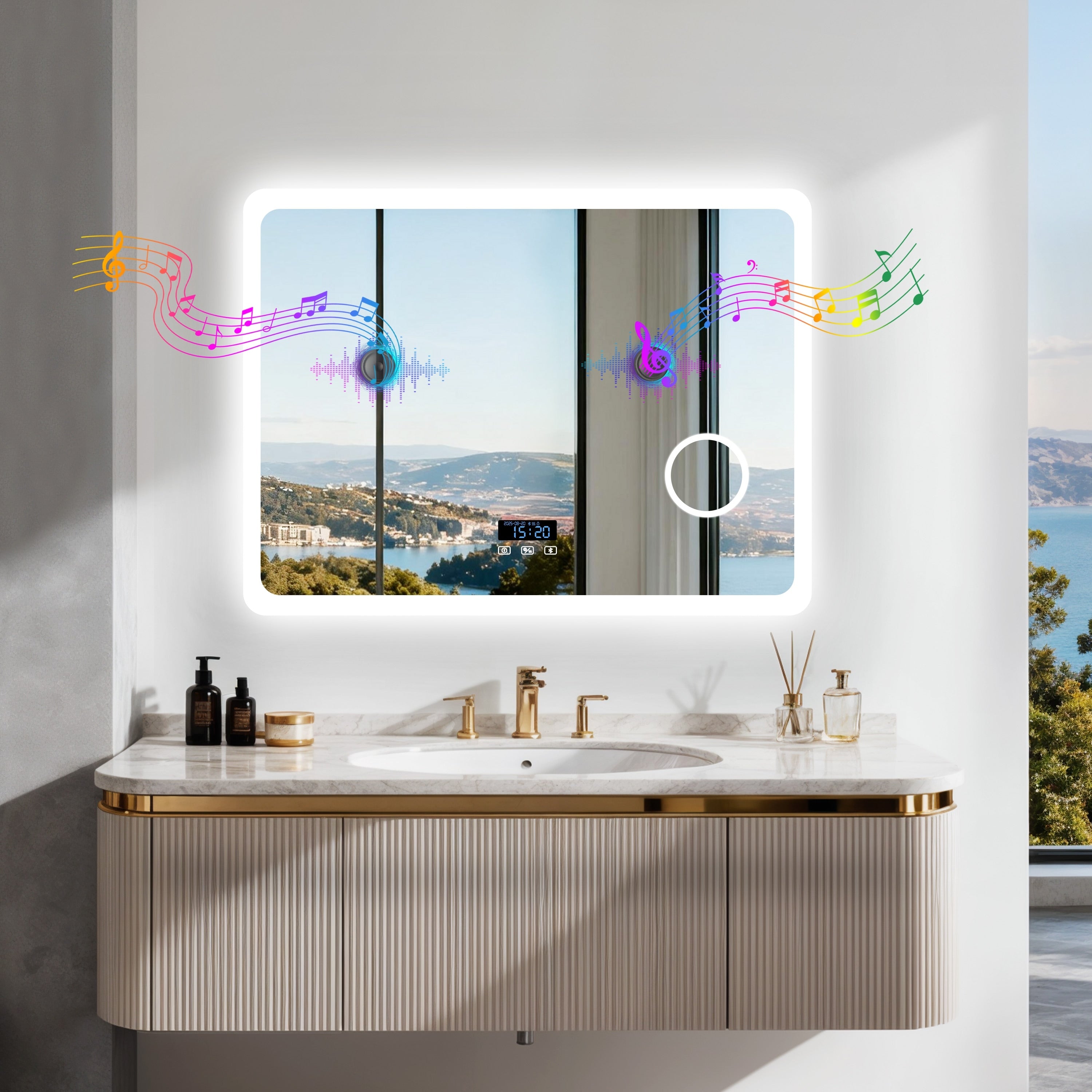 Smart Led Bathroom Mirror With Bluetooth Speaker Anti Fog Magnifying