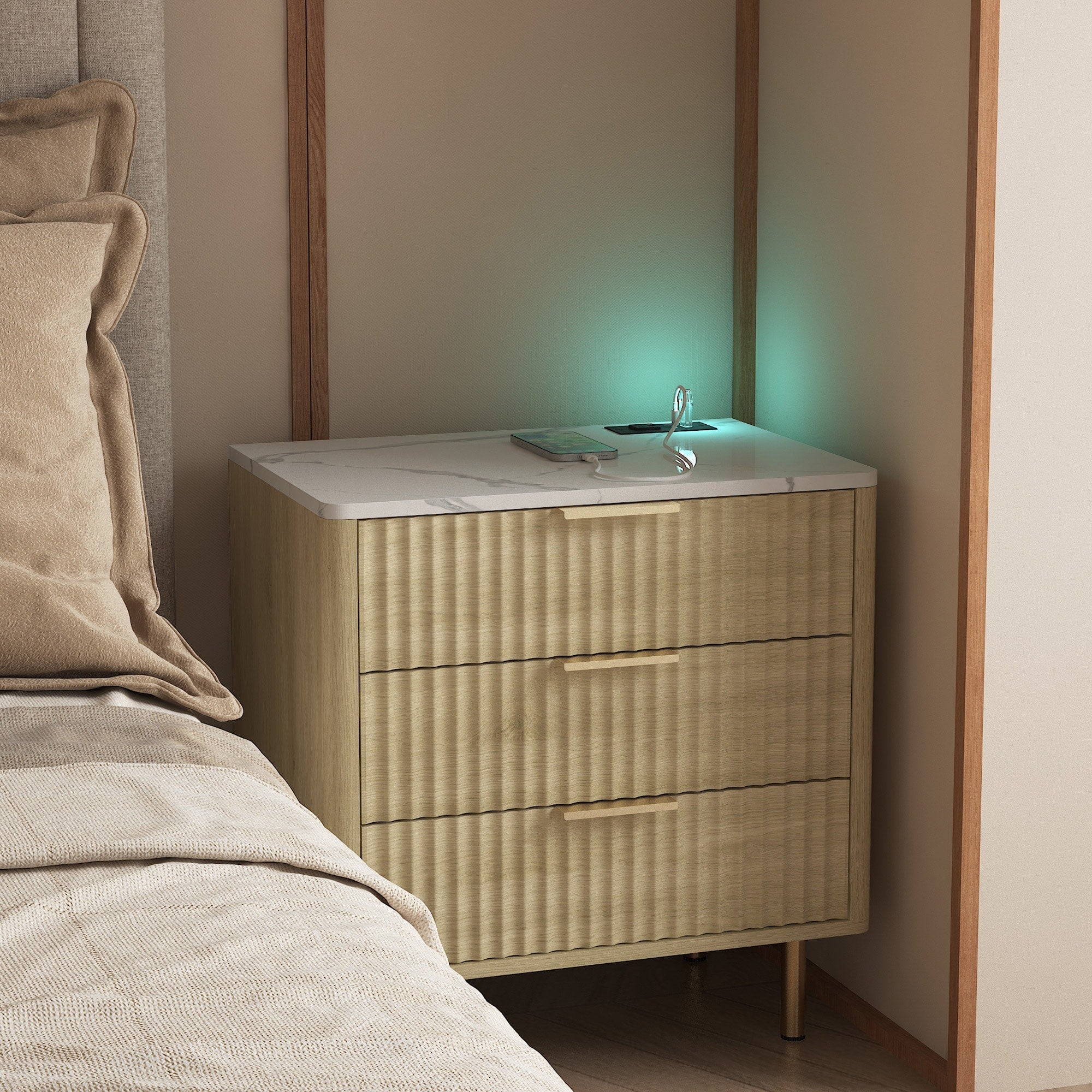 Smart Nightstand With Wireless Charging Motion Sensor Night Light