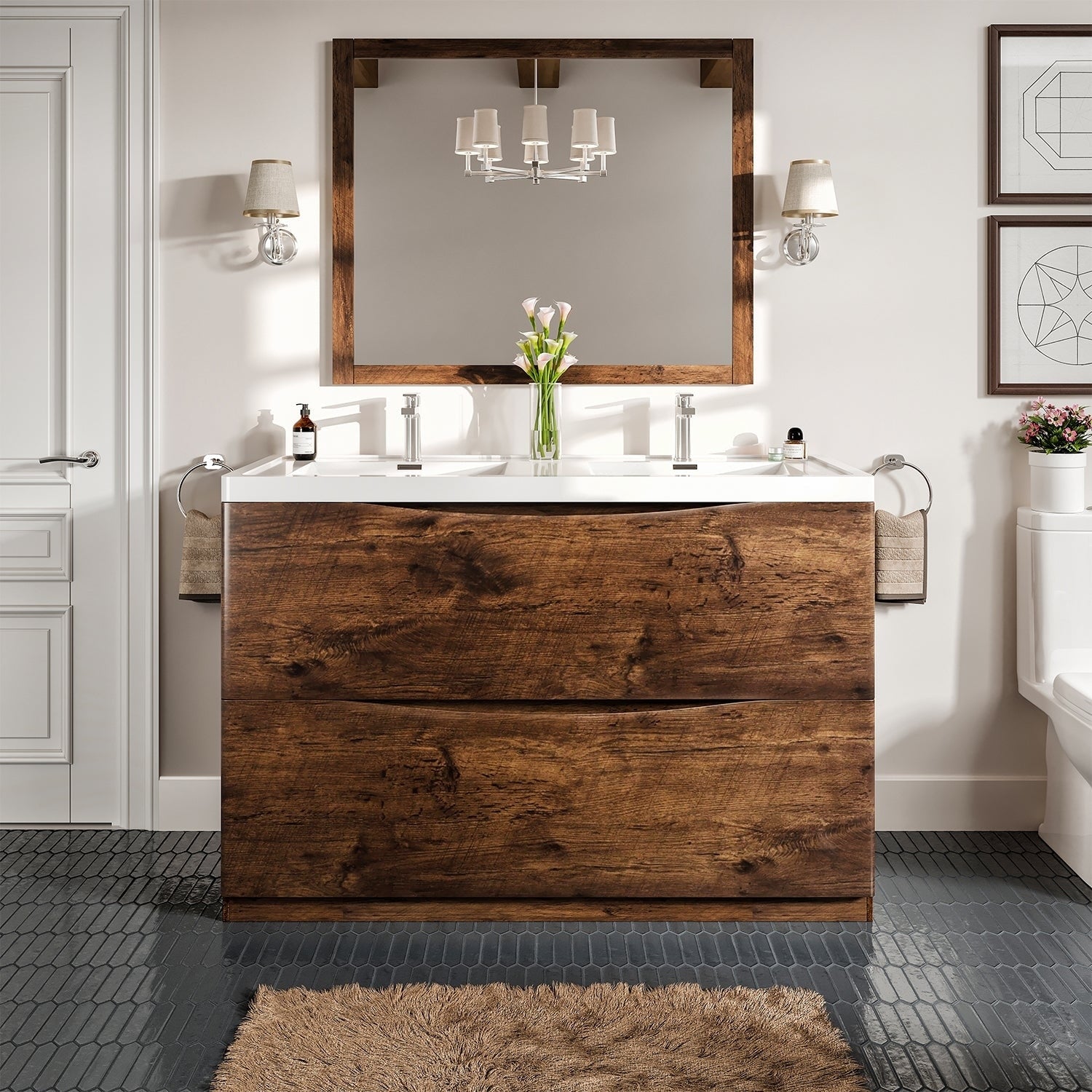 Eviva Smile 48 Inch Rosewood Modern Bathroom Vanity Set With Integrated White Acrylic Double Sink