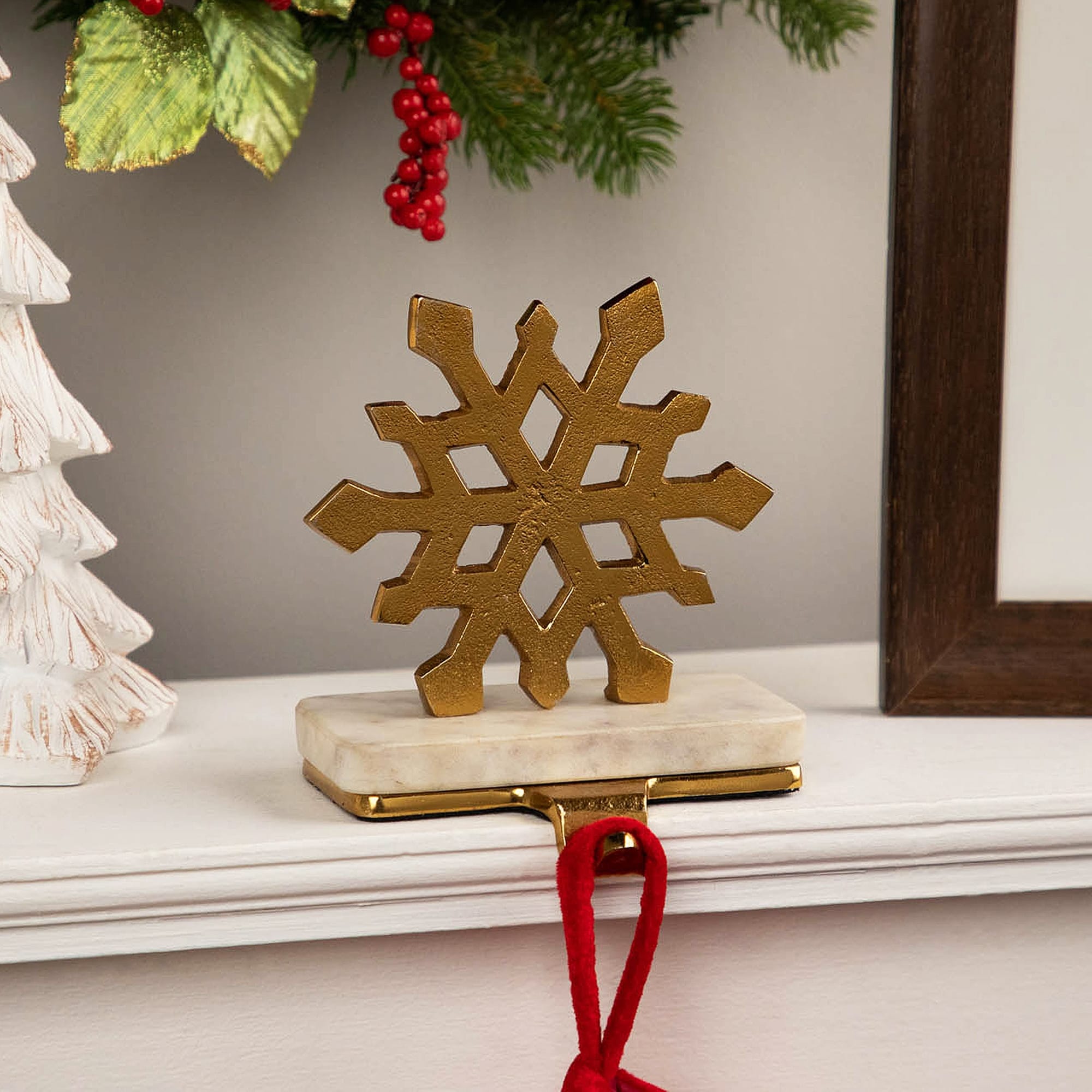 Snowflake Christmas Stocking Holder With Marble Base 7 Gold And White
