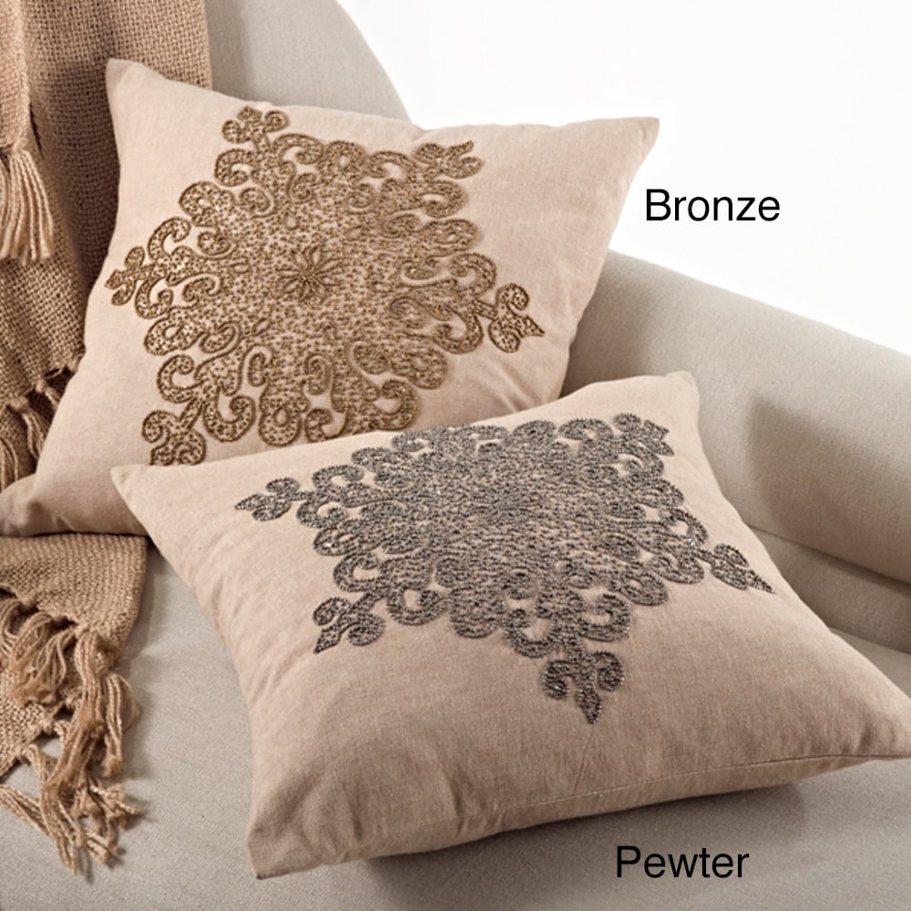 Snowflake Design 18 Inch Feather Filled Beaded Pillow