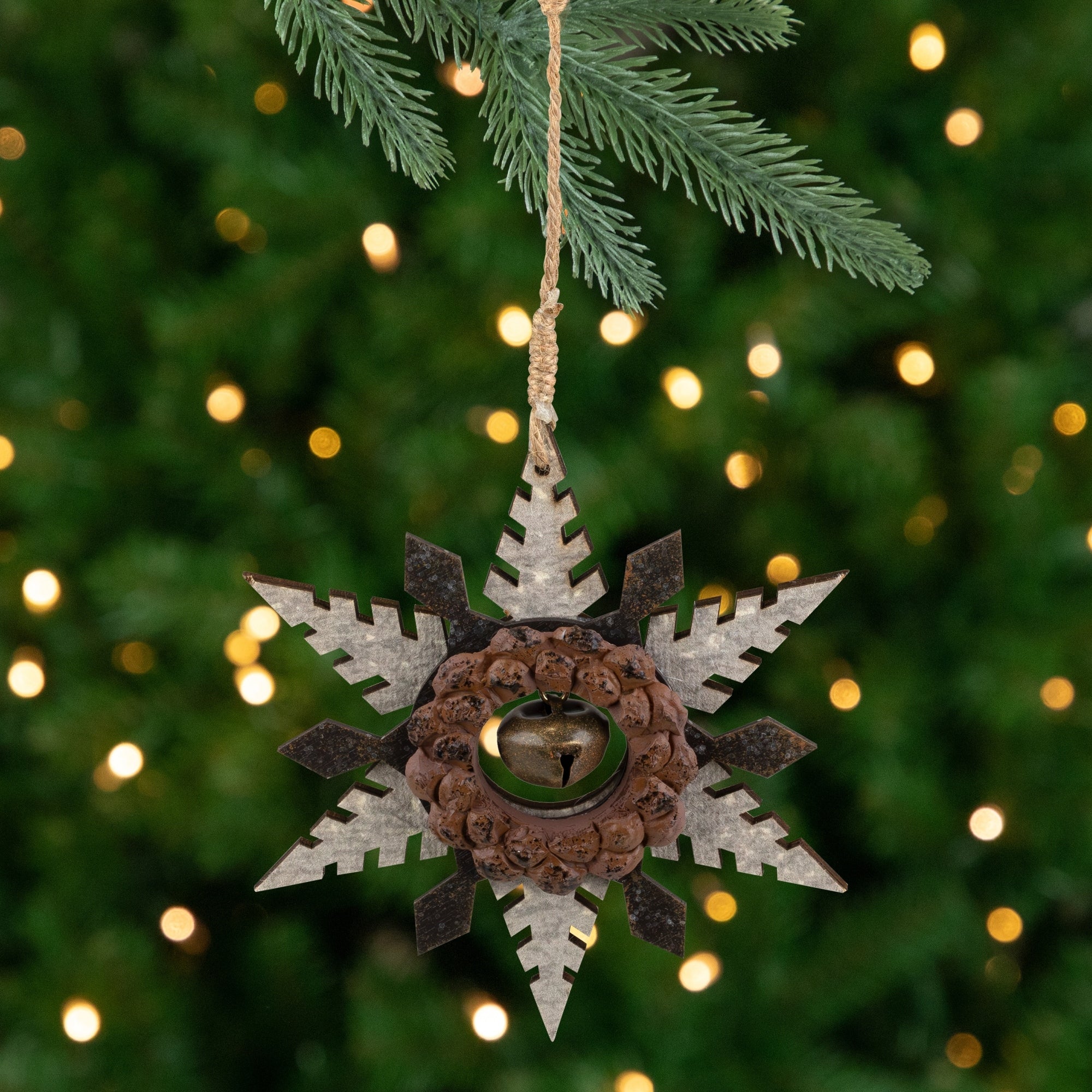 6 Brown Wooden Snowflake Christmas Ornament With A Country Rustic Bell