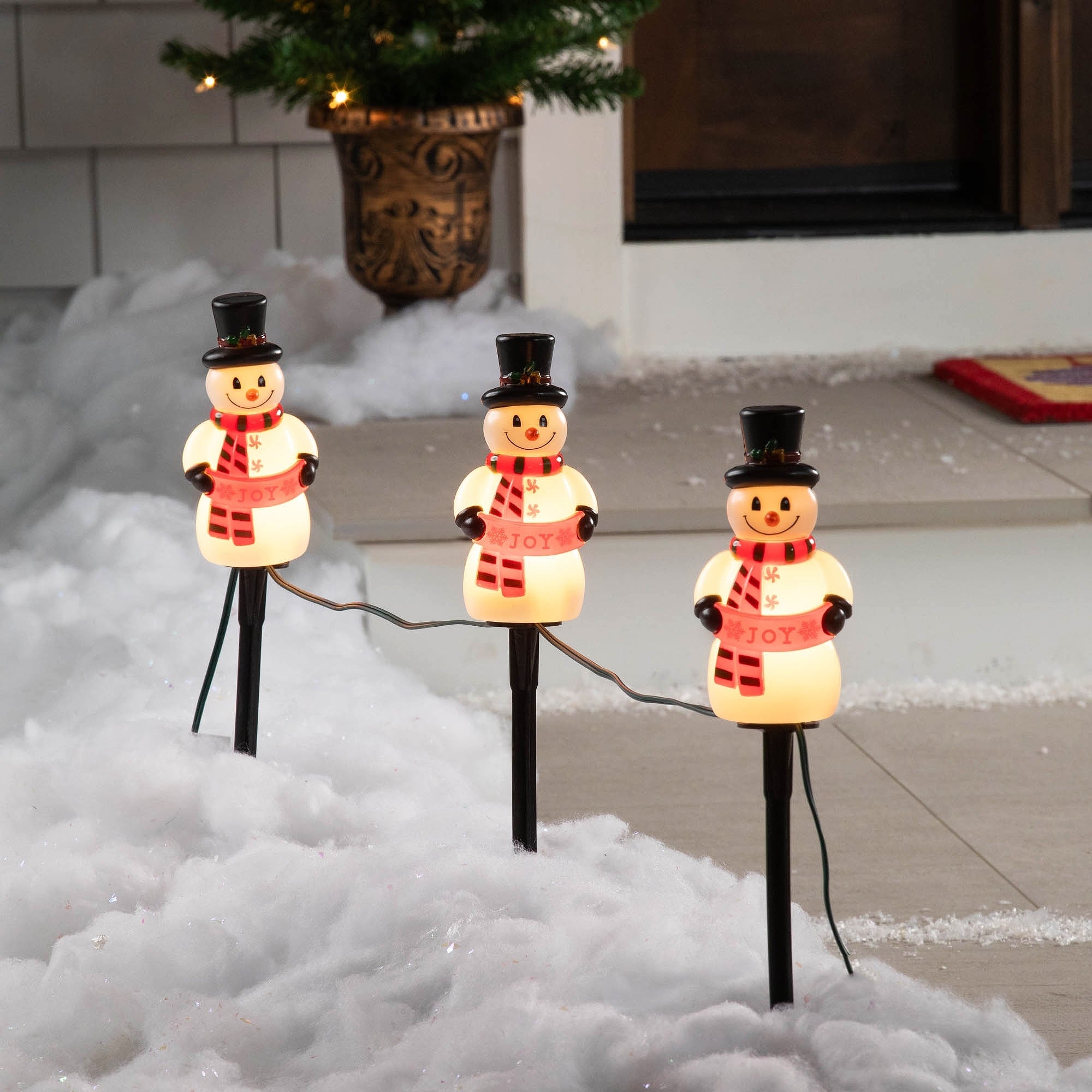 Snowman With Joy Banner Outdoor Christmas Pathway Markers 16.5 Set Of 3 White