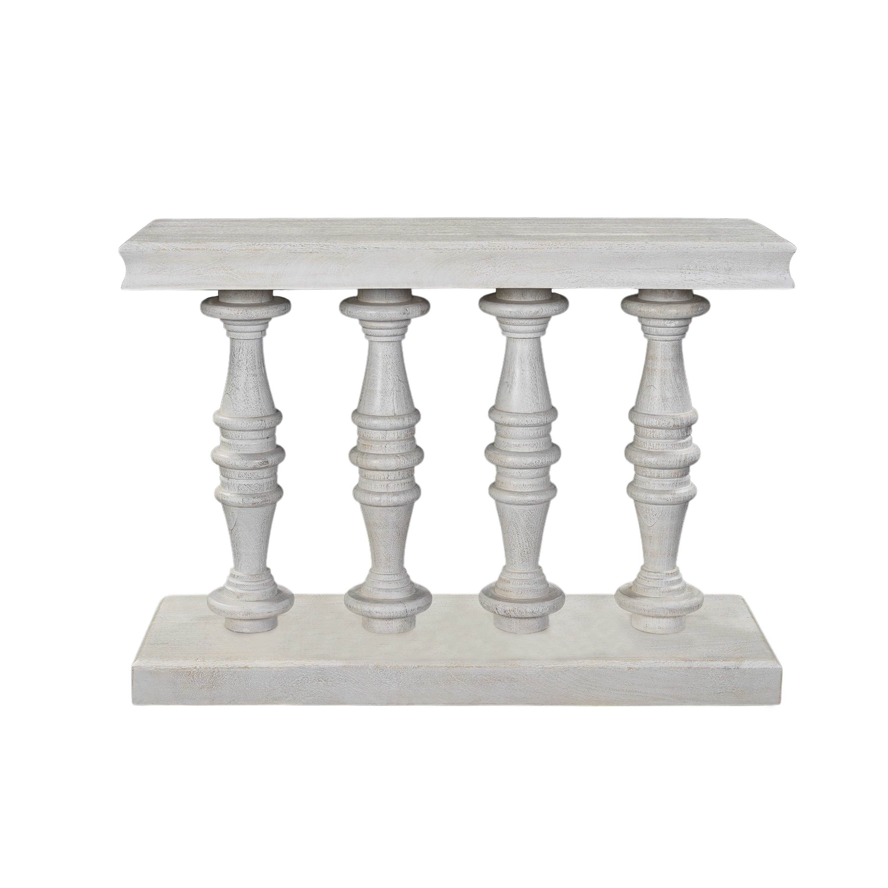 Sofa Console Table 42 Inch Top Sandlasted Washed White Mango Wood Turned Pillar Legs