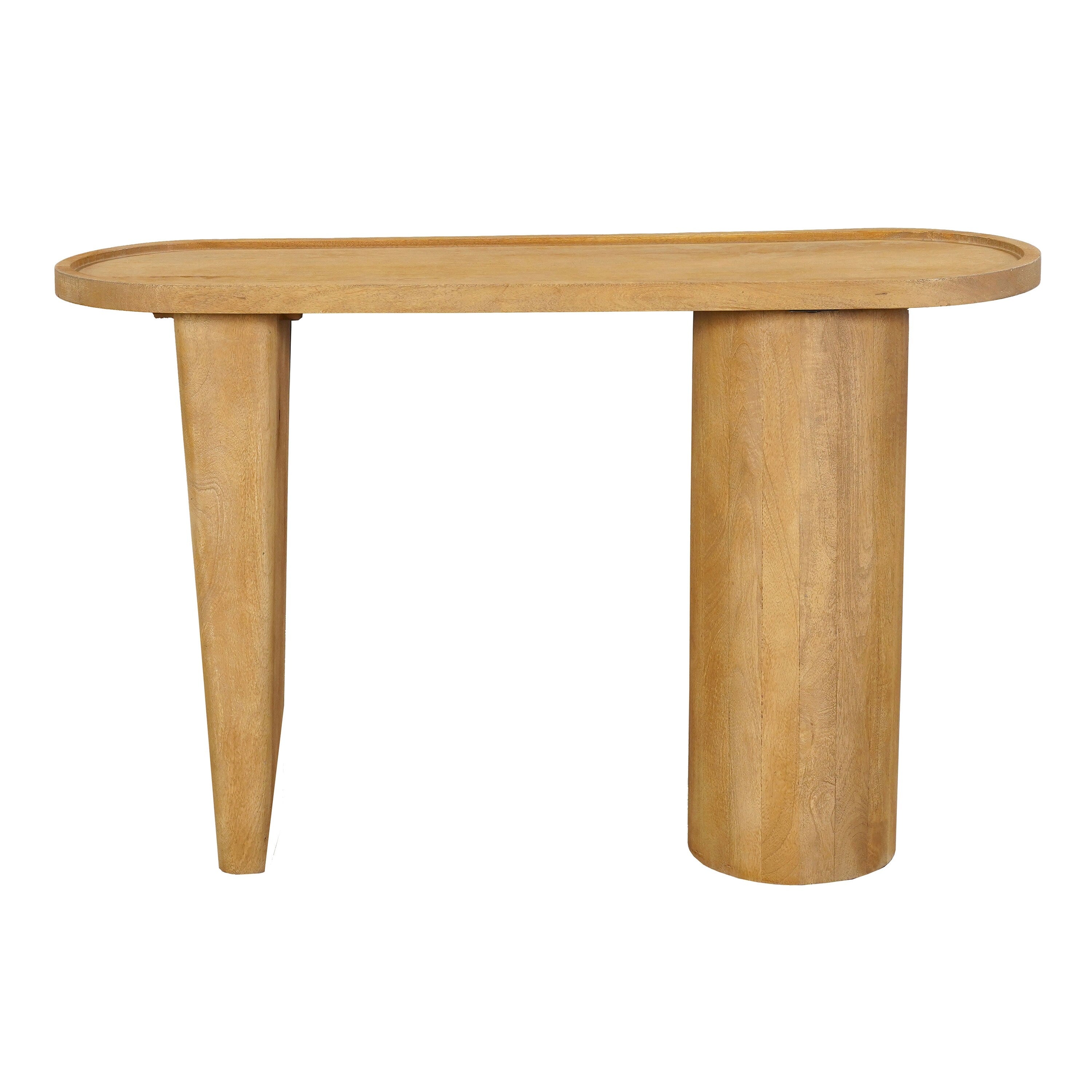 Sofa Console Table 47 Inch Raised Edge Oval Shape Tray Top Sandblasted Natural Brown Mango Wood