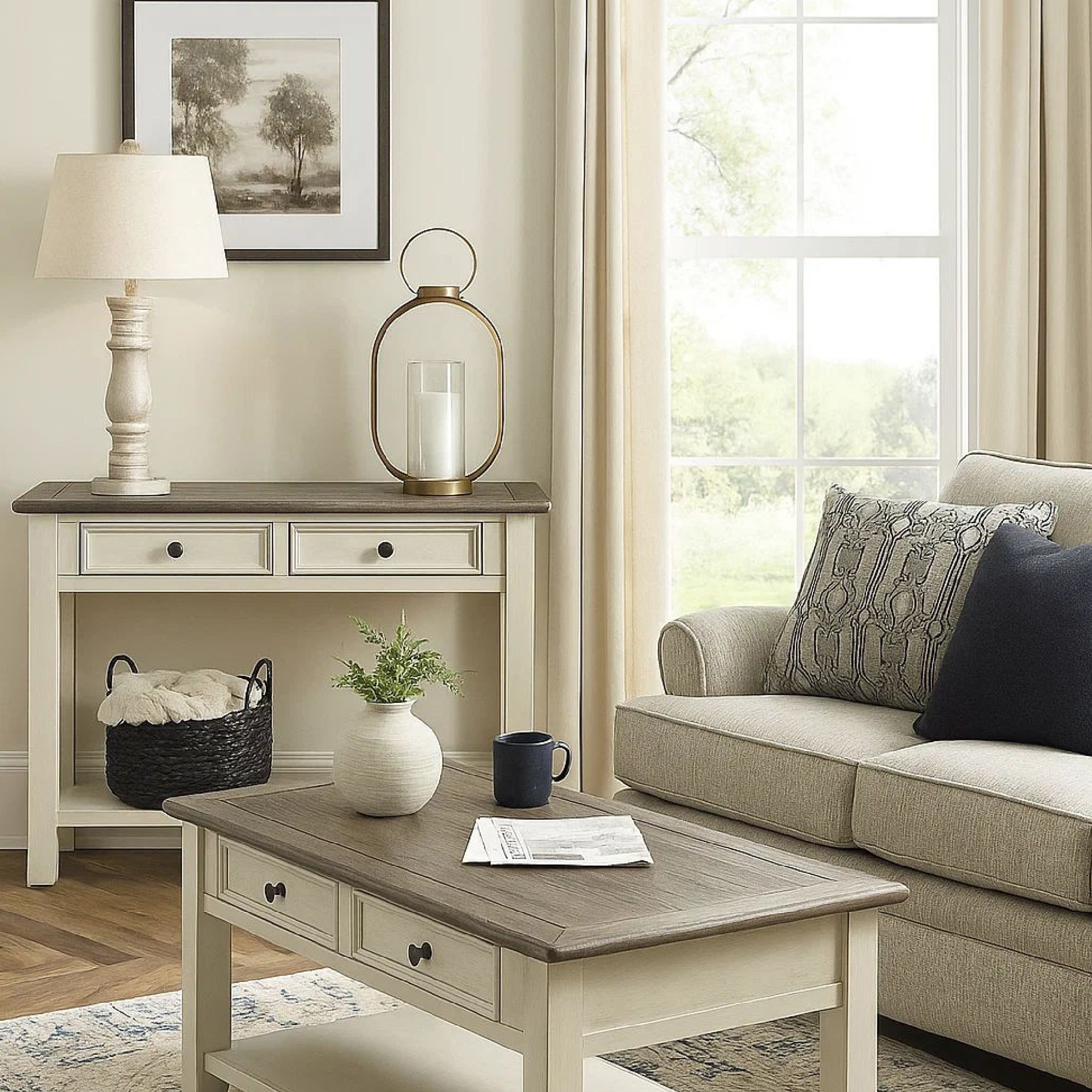 Sofa Table With Plank Style Top And 2 Gliding Drawers Brown And White