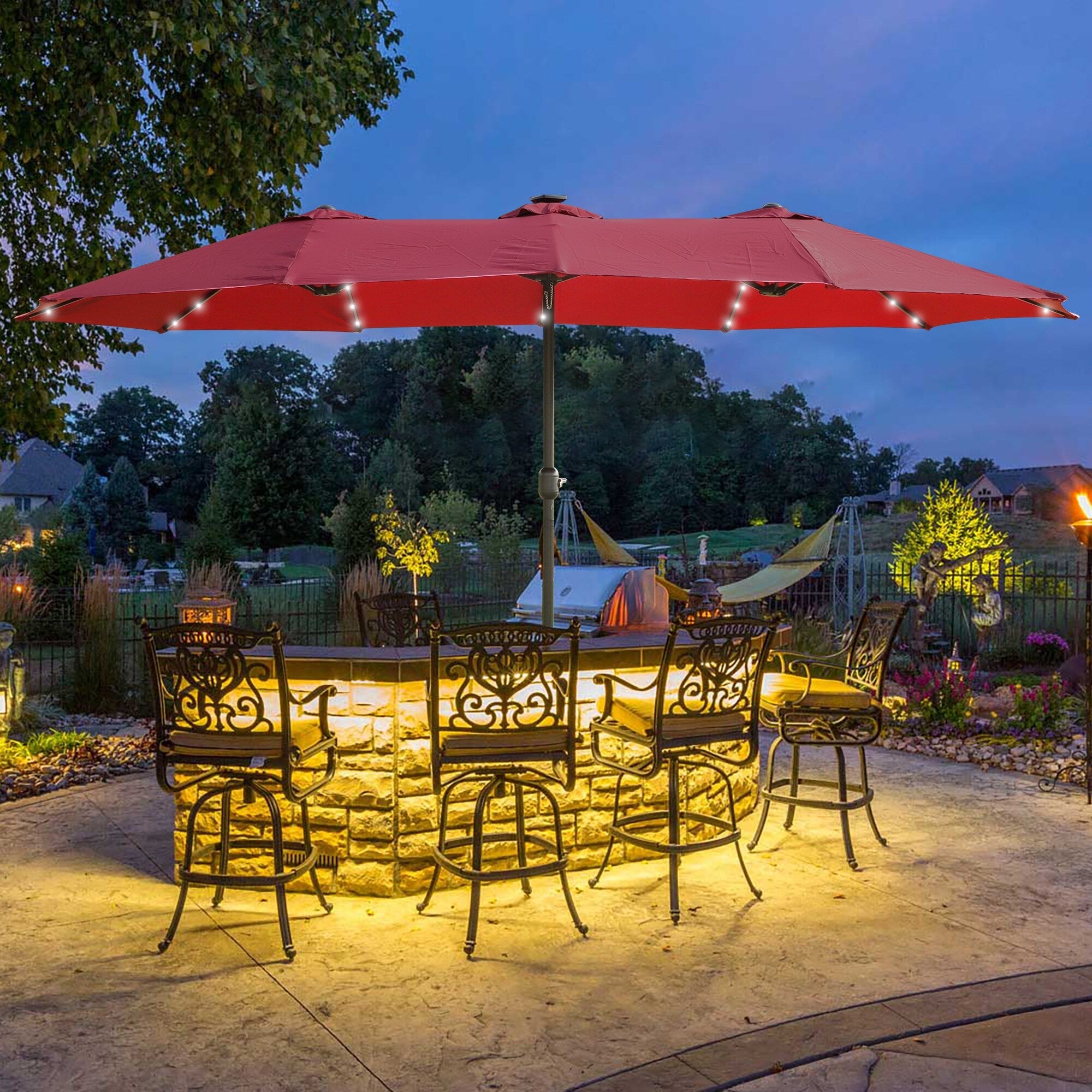 Sofucor 15X9Ft Large Double Sided Rectangular Outdoor Twin Patio Market Umbrella With Light And Base