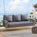 Sofucor 3 Person Pe Wicker Porch Swing With Chains All Weather Large Patio Swing Bench With Cushions For Backyard Garden