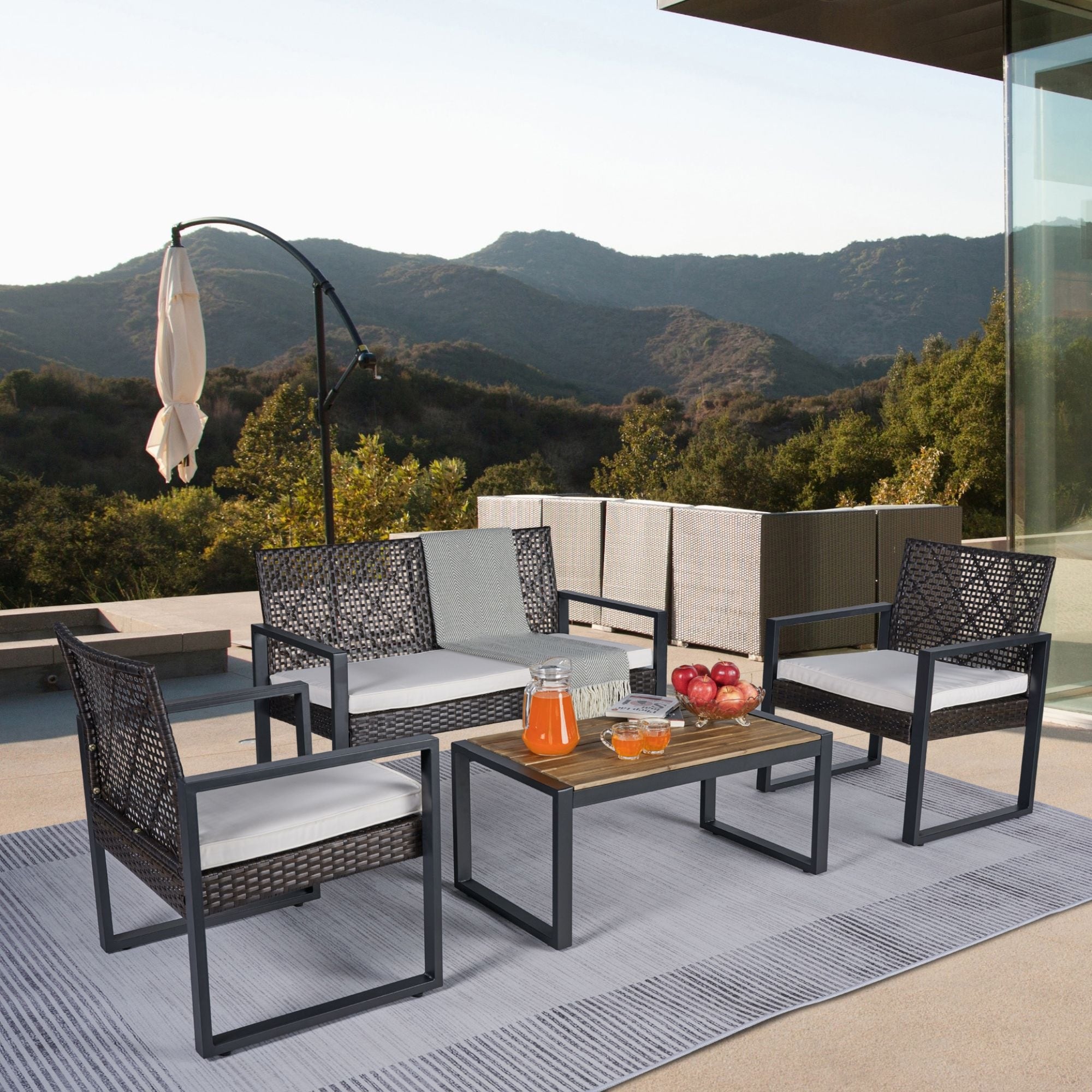 Sofucor 4 Piece Dining Set Patio Table And Chairs Outdoor Balcony Porch Garden Backyard Lawn Furniture Acacia Wood Table Top