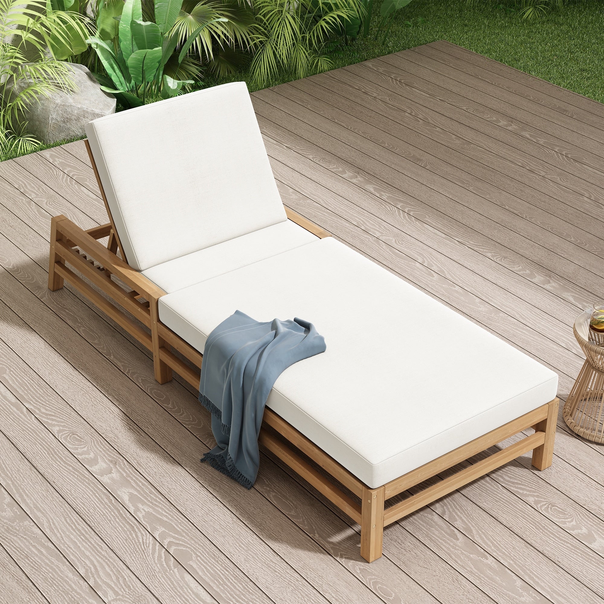 Sofucor 5 Level Adjustable Outdoor Chaise Lounge Solid Wood Patio Recliner Chair With Thick Cushions Weather Resistant