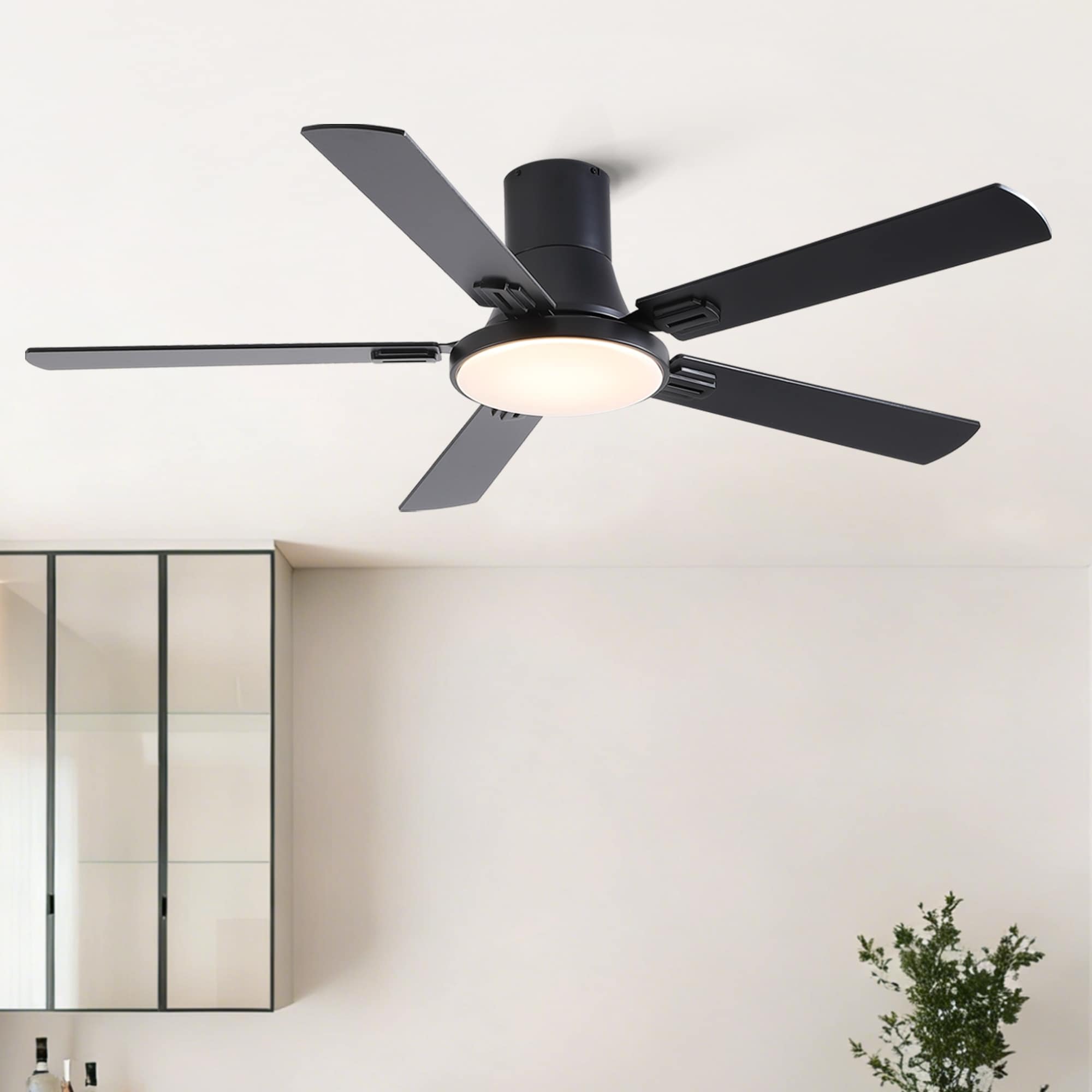 Sofucor 52 Inch Low Profile Flush Mount 5 Blades Ceiling Fan With Dimmable Light And Remote Control 52 Inches