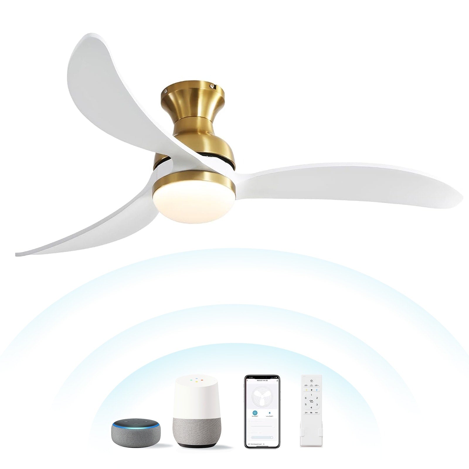 Sofucor 52Inch Smart Controlled Flush Mount Ceiling Fan With Streamlined Curved Blades Remote Control And Dimmable Led Light