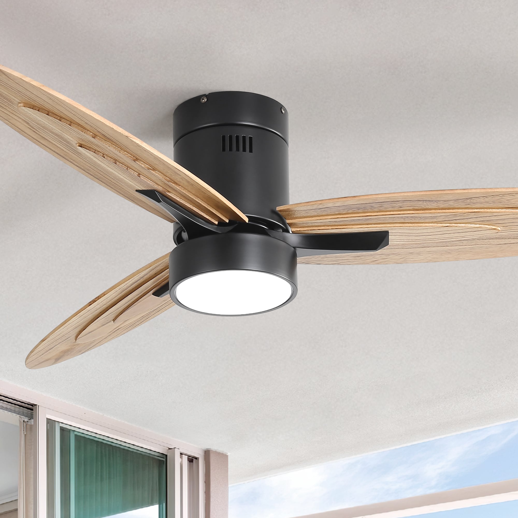 Sofucor 56 Inch Modern Design Flush Mount Ceiling Fan With Light And Remote Control 3 Solid Wood Blades Reversible Dc Motor