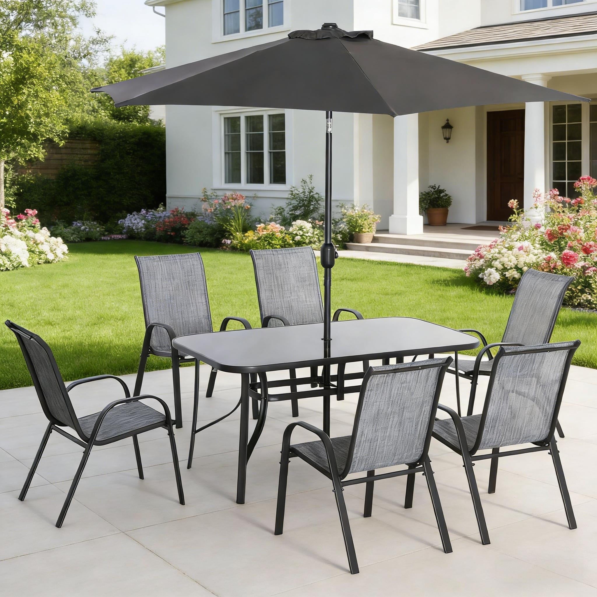 Sofucor 8 Pieces Patio Outdoor Dining Table And Chairs Set With Umbrella Furniture Set