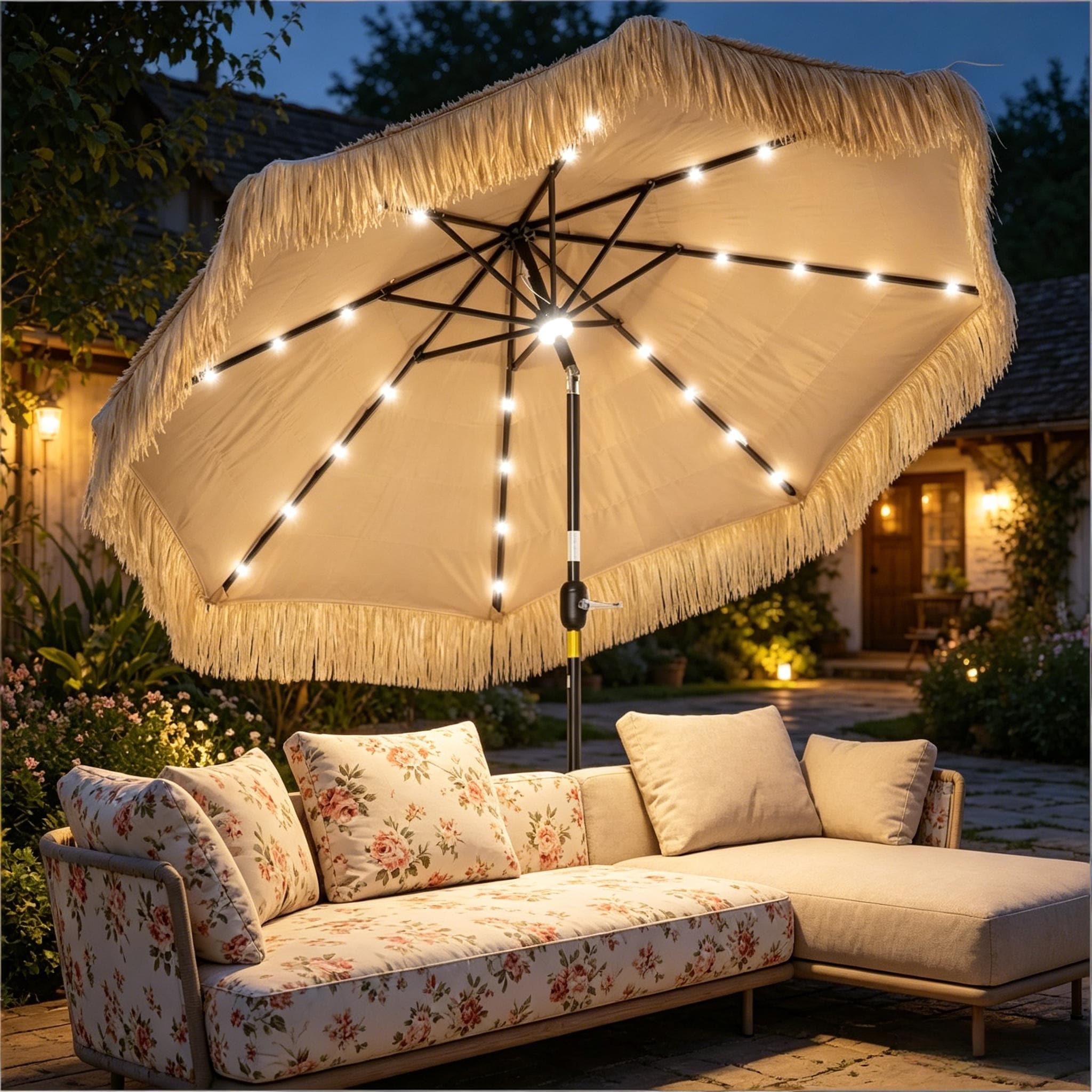 Sofucor 8.5 Ft Straw Tassel Design Garden Umbrella Hawaiian Style Outdoor Umbrella Patio Umbrella With Solar Powered Led Light