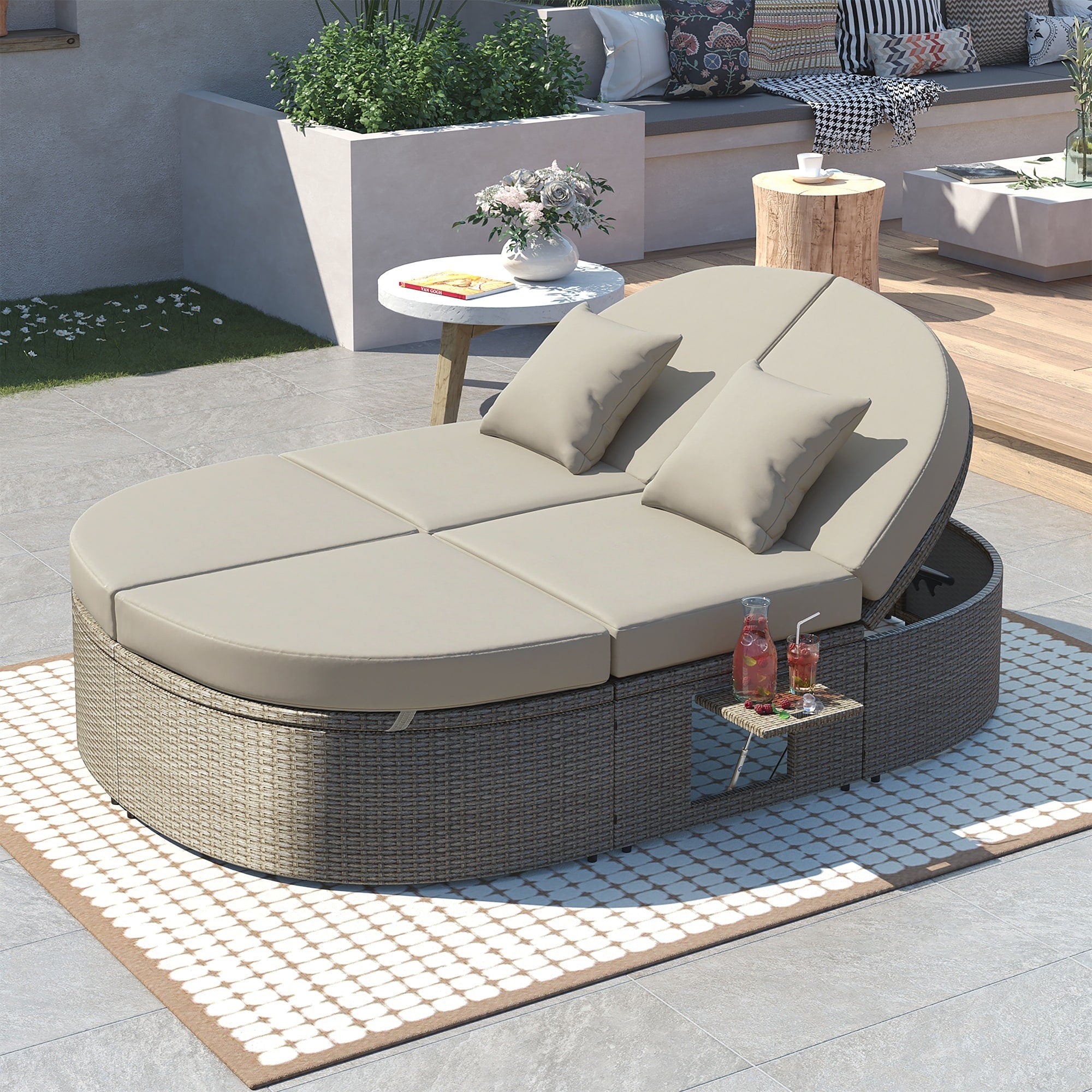 Sofucor Outdoor Sun Bed Patio 2 Person Daybed With Cushions And Pillows Chaise Lounge With Adjustable Backrests And Cup Trays