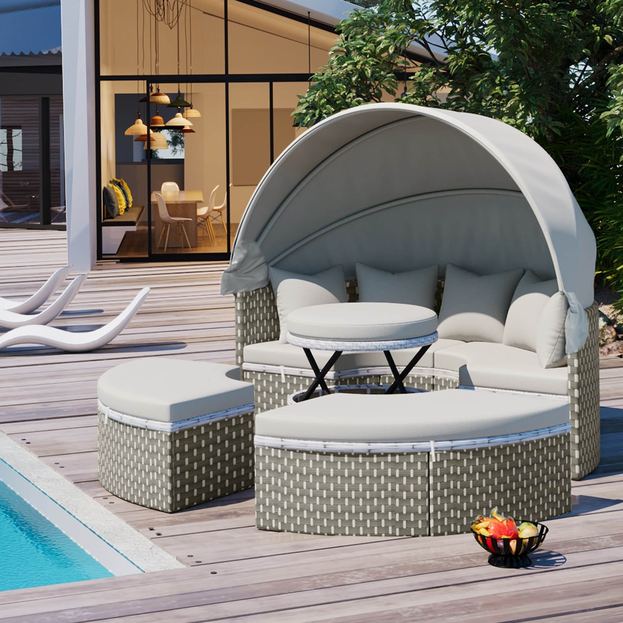 Sofucor Patio Furniture Round Outdoor Sectional Sofa Set Sunbed With Retractable Canopy Separate Seating And Removable Cushion