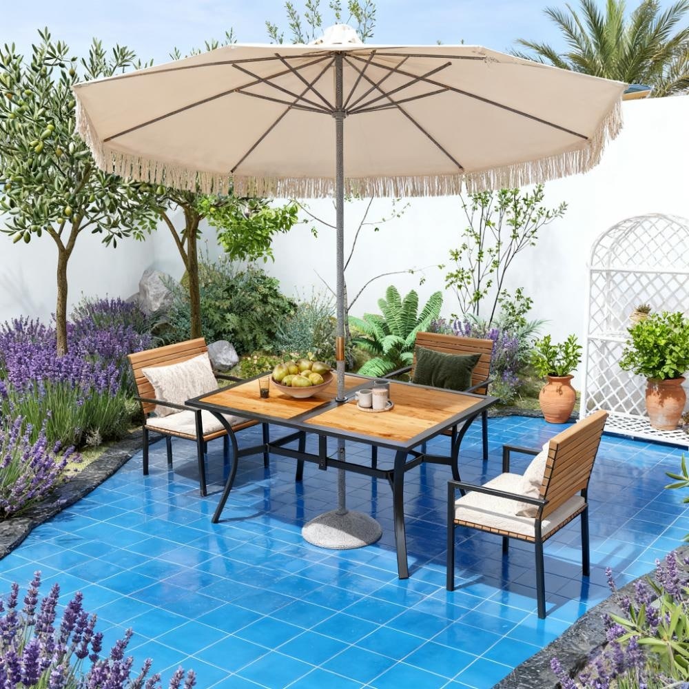 Sofucor Stable Faux Wood Rectangle Outdoor Dining Table Rectangular Patio Table With Umbrella Hole 59X35.5Inch