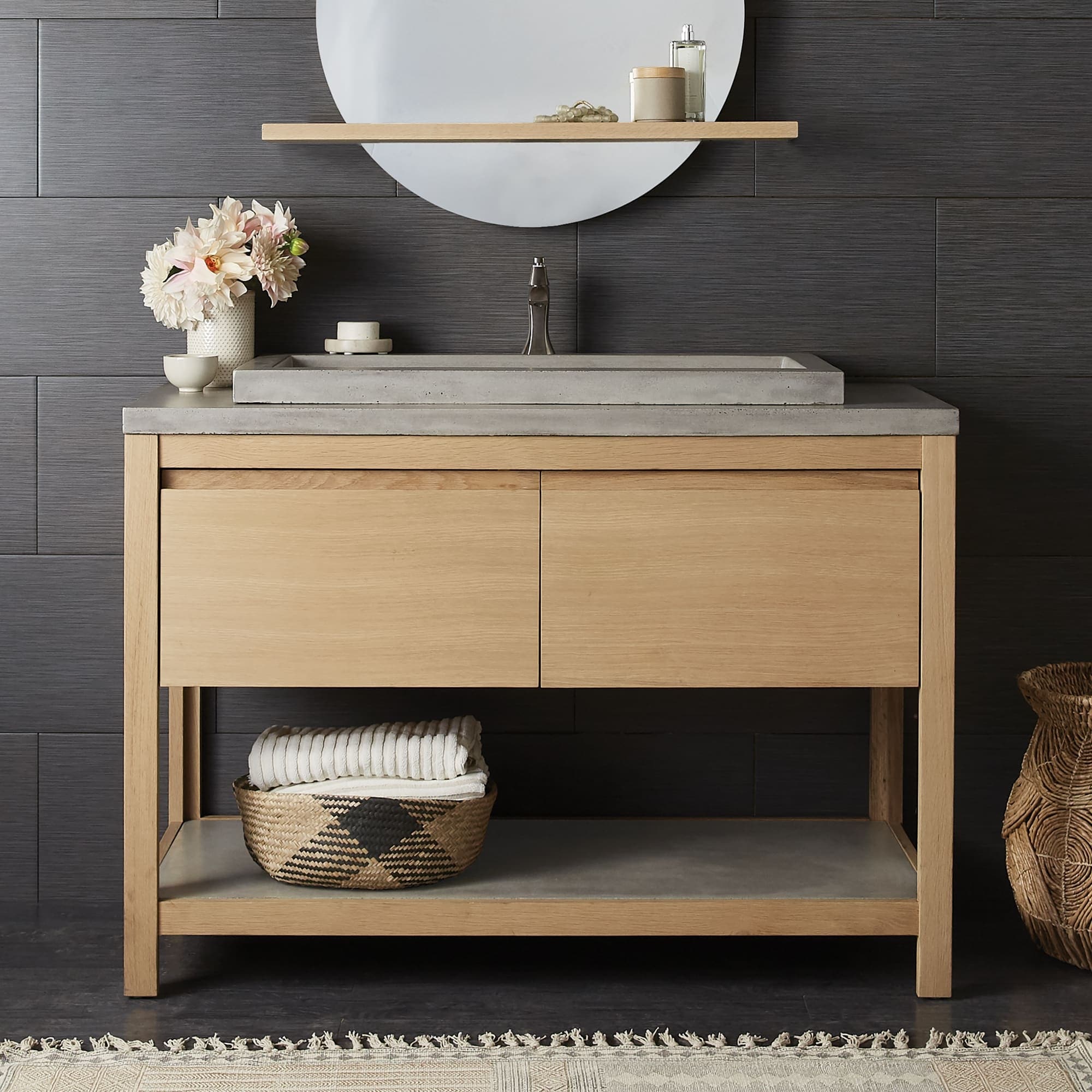 Solace Oak Vanity With Concrete Shelf Base Only