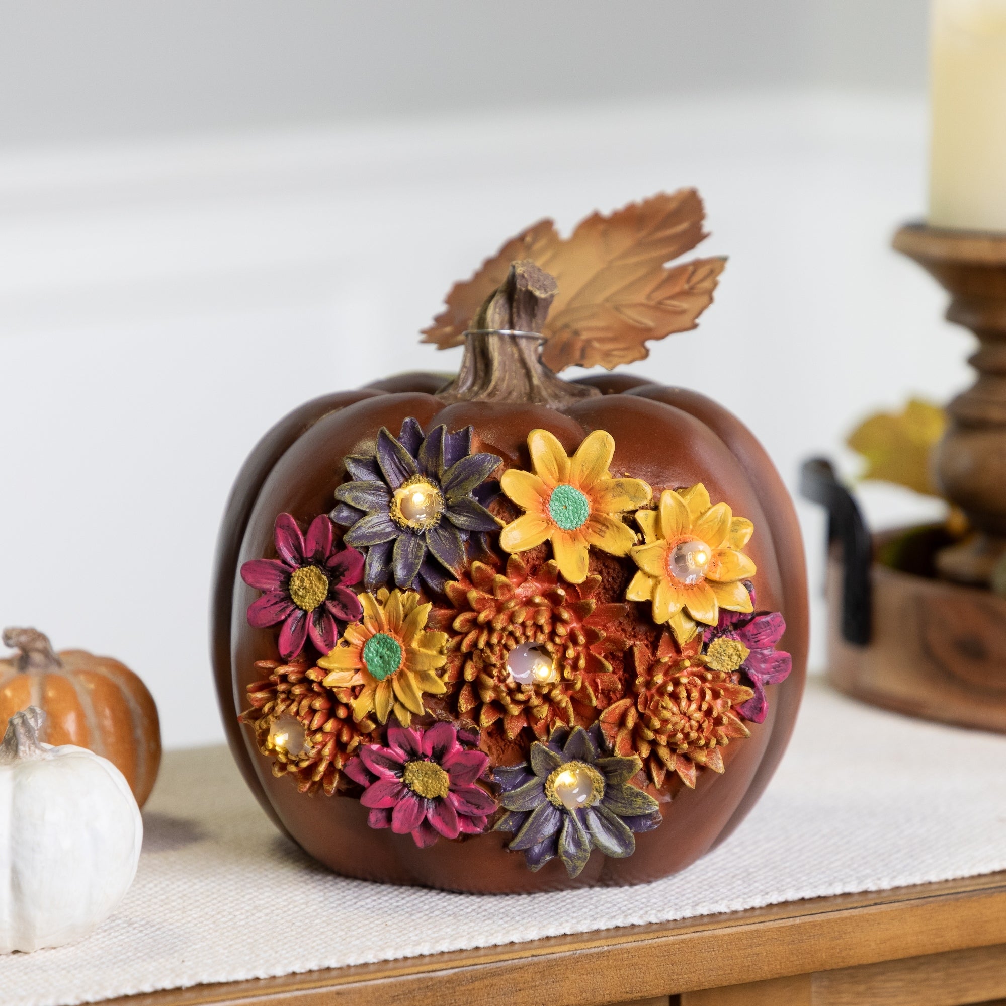 7 Led Lighted Solar Powered Floral Thanksgiving Table Top Pumpkin