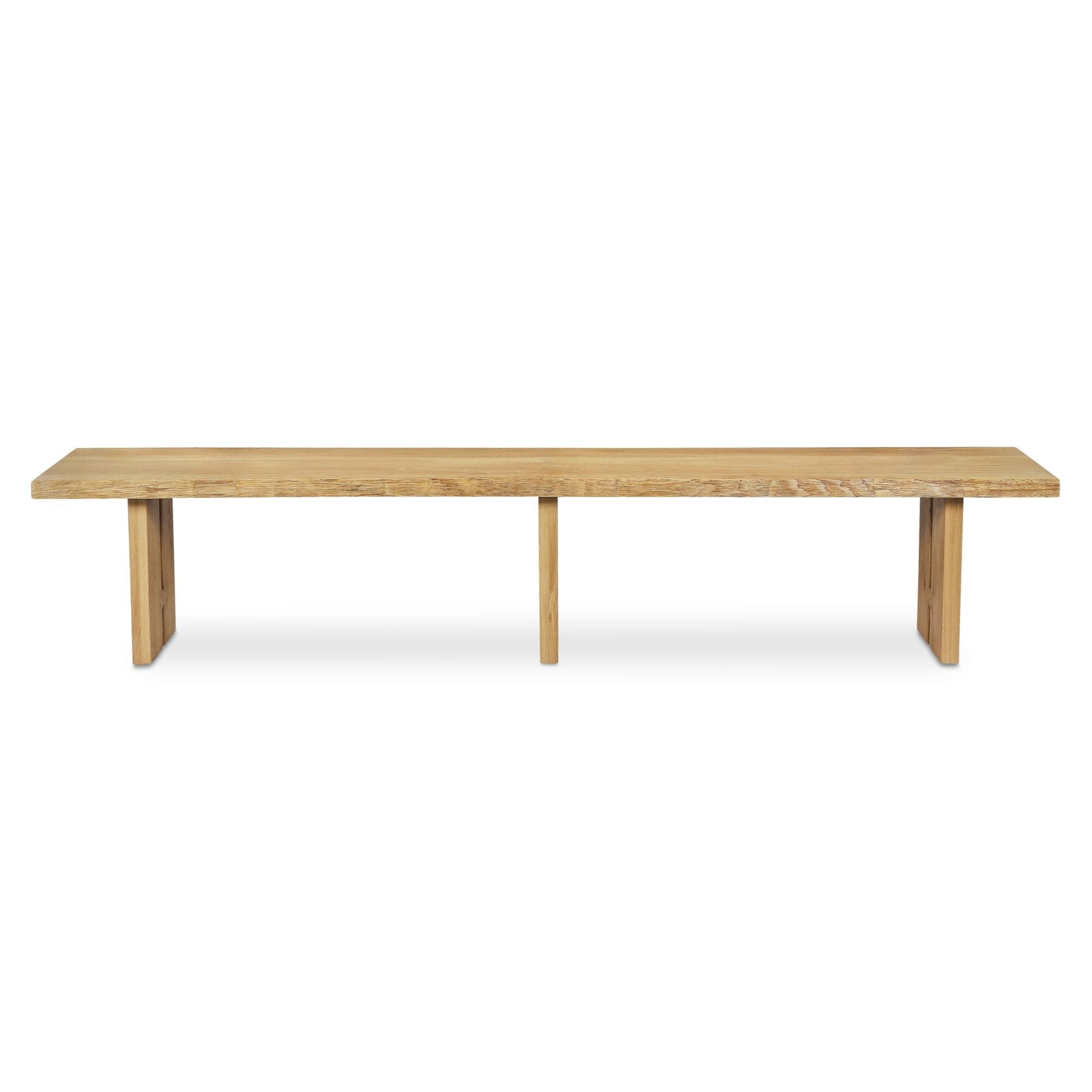 Solenne Dining Bench Rectangular Solid Oak Seat Iron Base Natural Finish Live Edge Three Leg Design Natural