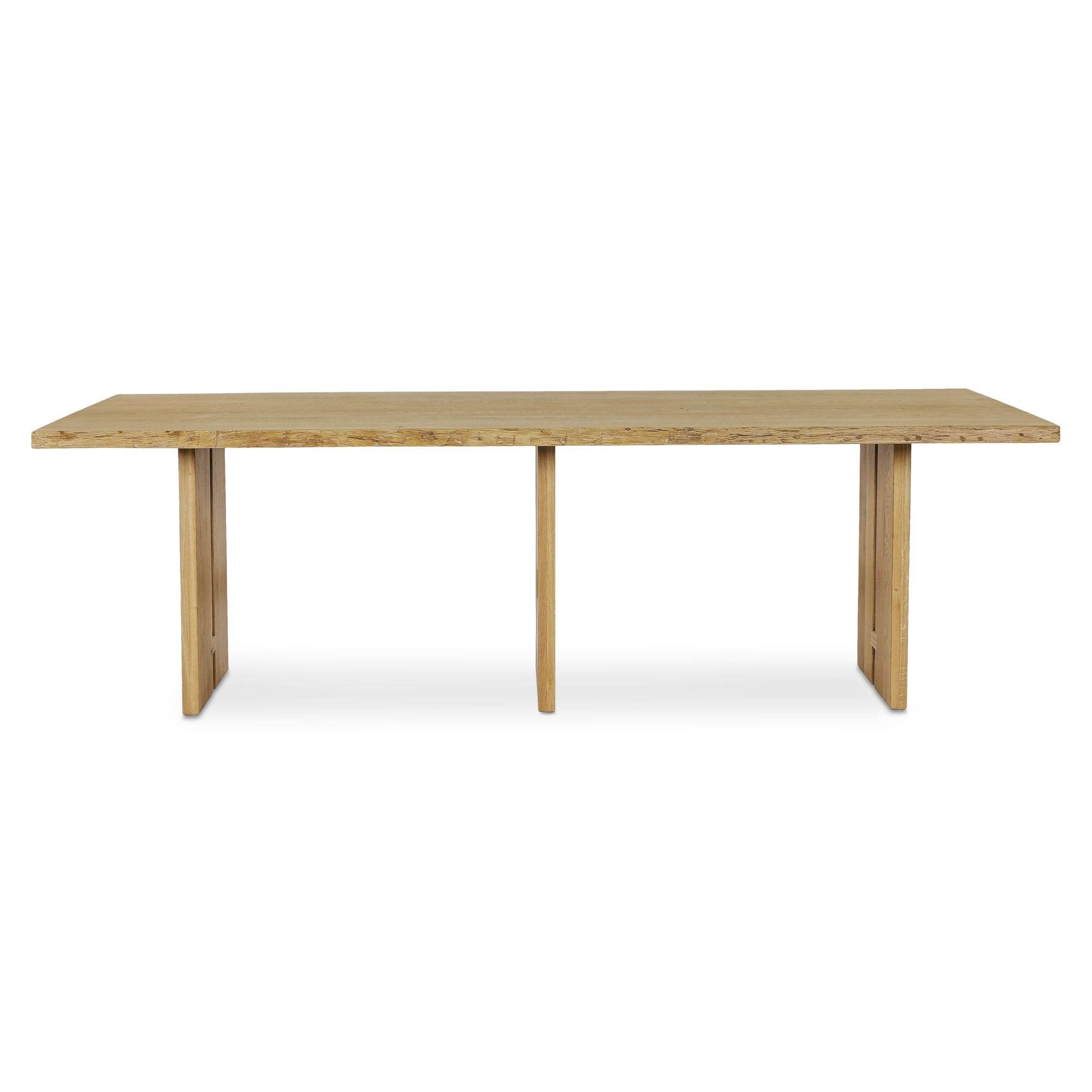 Solenne Dining Table Rectangular Solid Oak Top Iron Base Natural Finish Live Edge Three Leg Design Natural