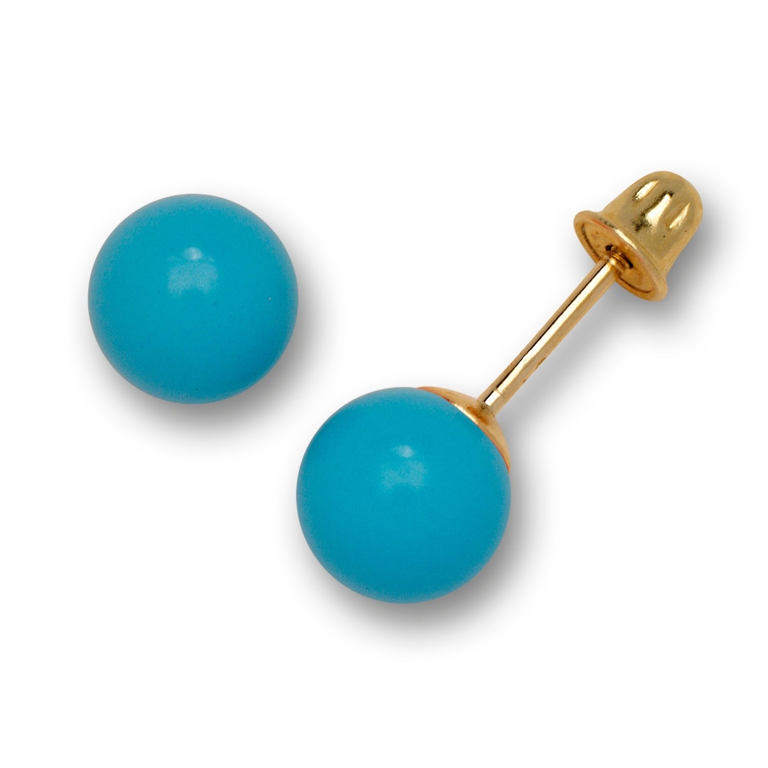 Solid 14K Yellow Gold Created Turquoise Ball Stud Screw Back Earrings 5 Sizes Blue