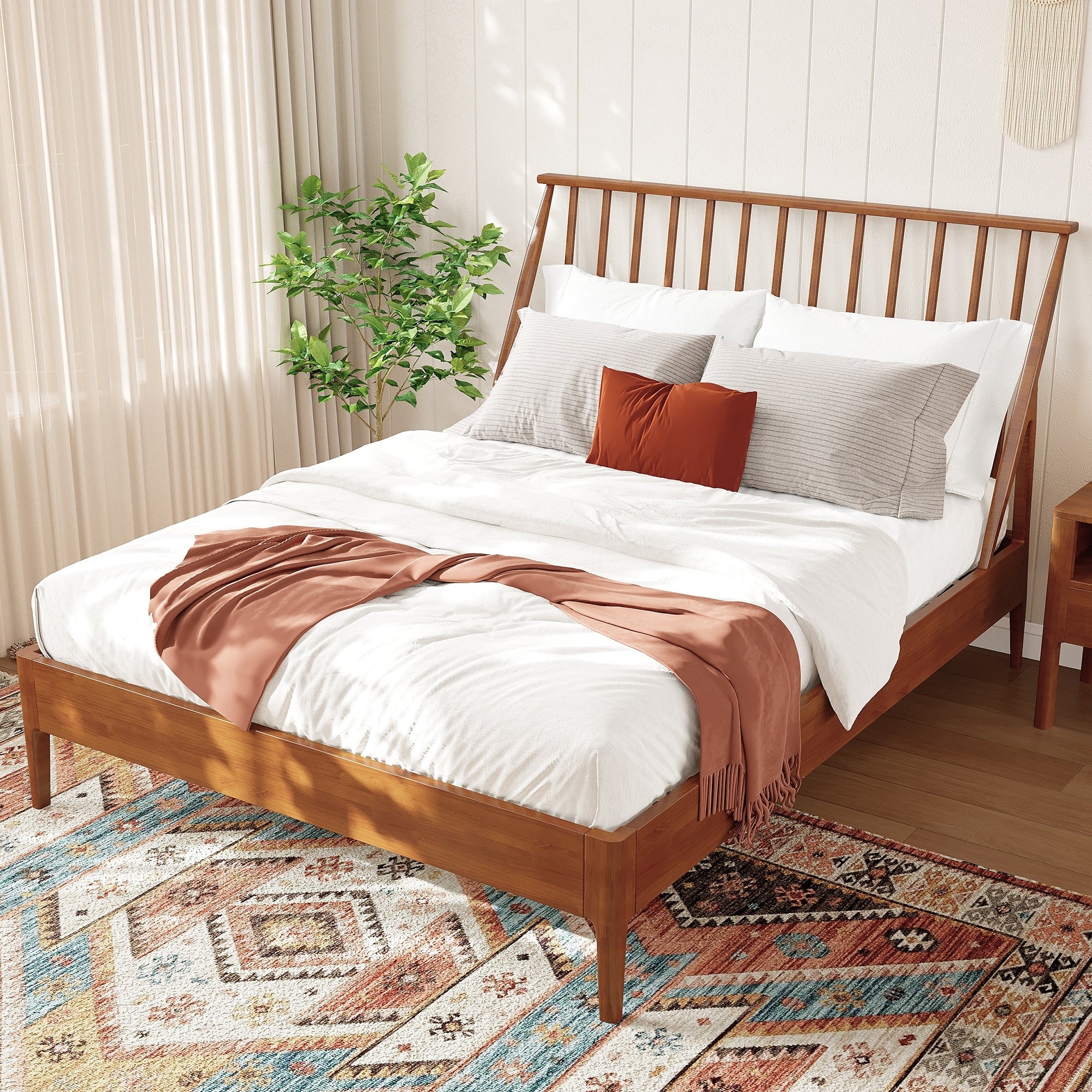 Solid Bamboo Platform Bed Bohemian Bed Frame With 46.5 Tall Spindle Headboard Wooden Slats Metal Support No Box Spring Needed