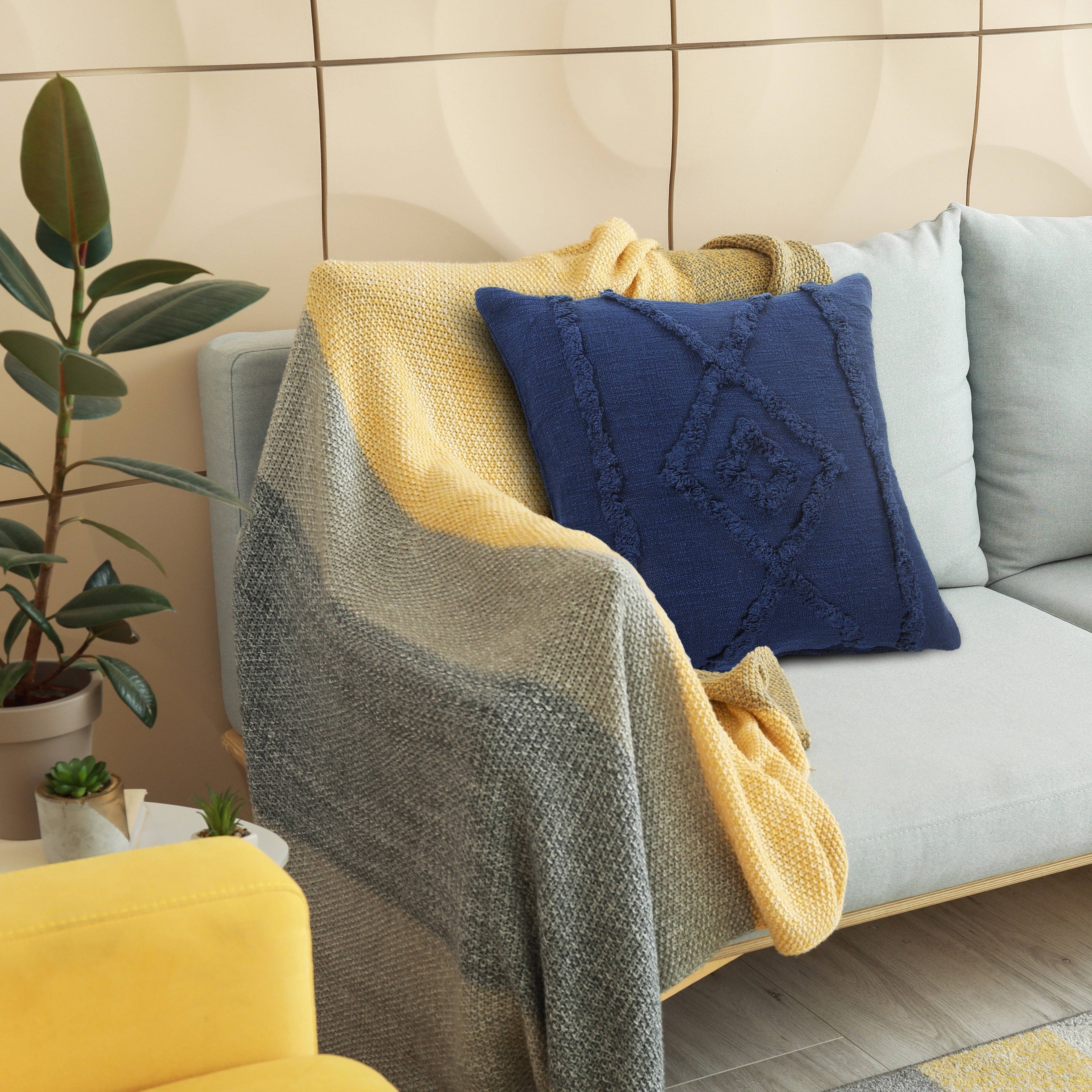 Solid Decorative Diamond And Bordered Cotton Throw Pillow
