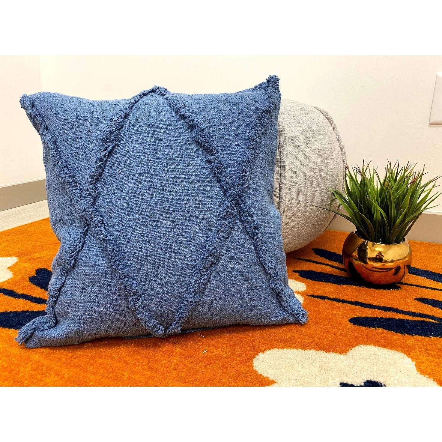 Solid Denim Blue Diamond Tufted Throw Pillow