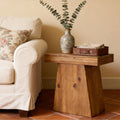 Solid End Table 23.6 Wood Side Table With Trapezoid Base For Small Space Living Room