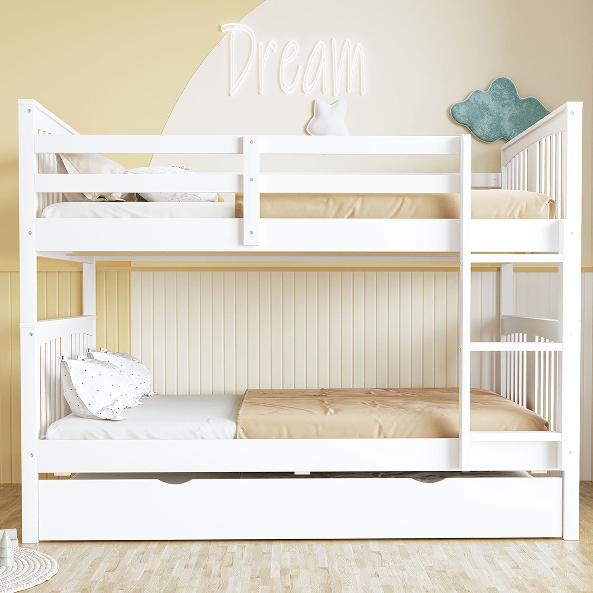 Solid Full Size Bunk Bed With Trundle Ladder And Safety Guardrails