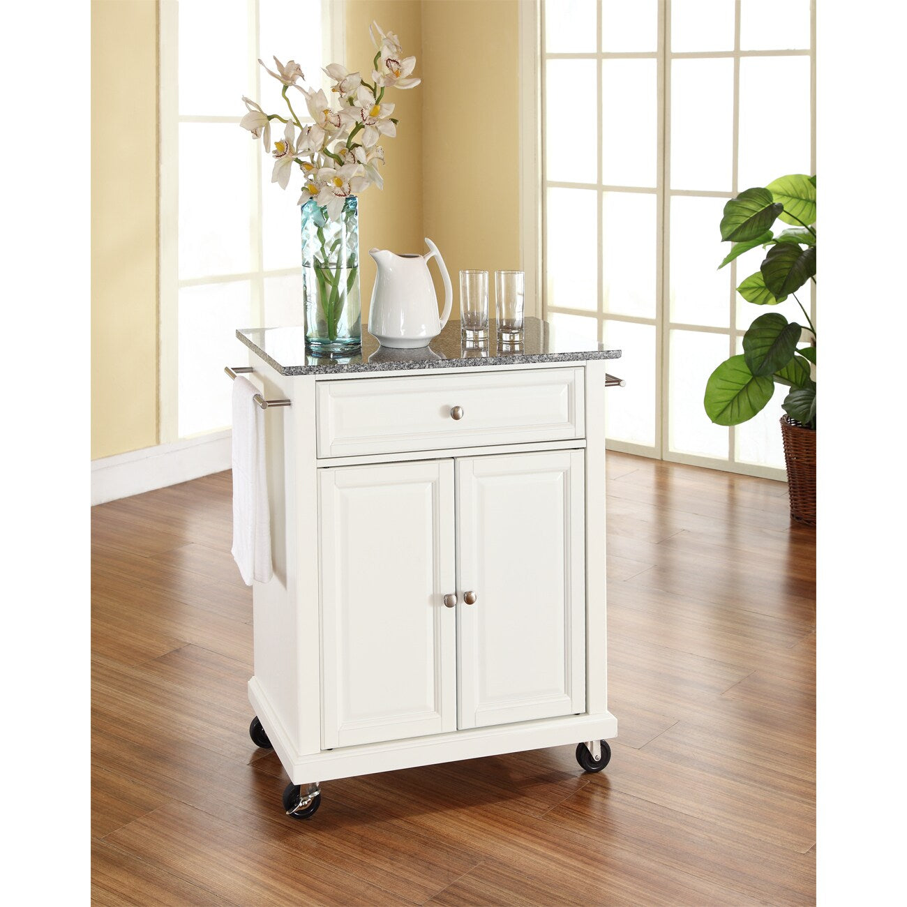 White Finish Solid Granite Top Portable Kitchen Cart Island