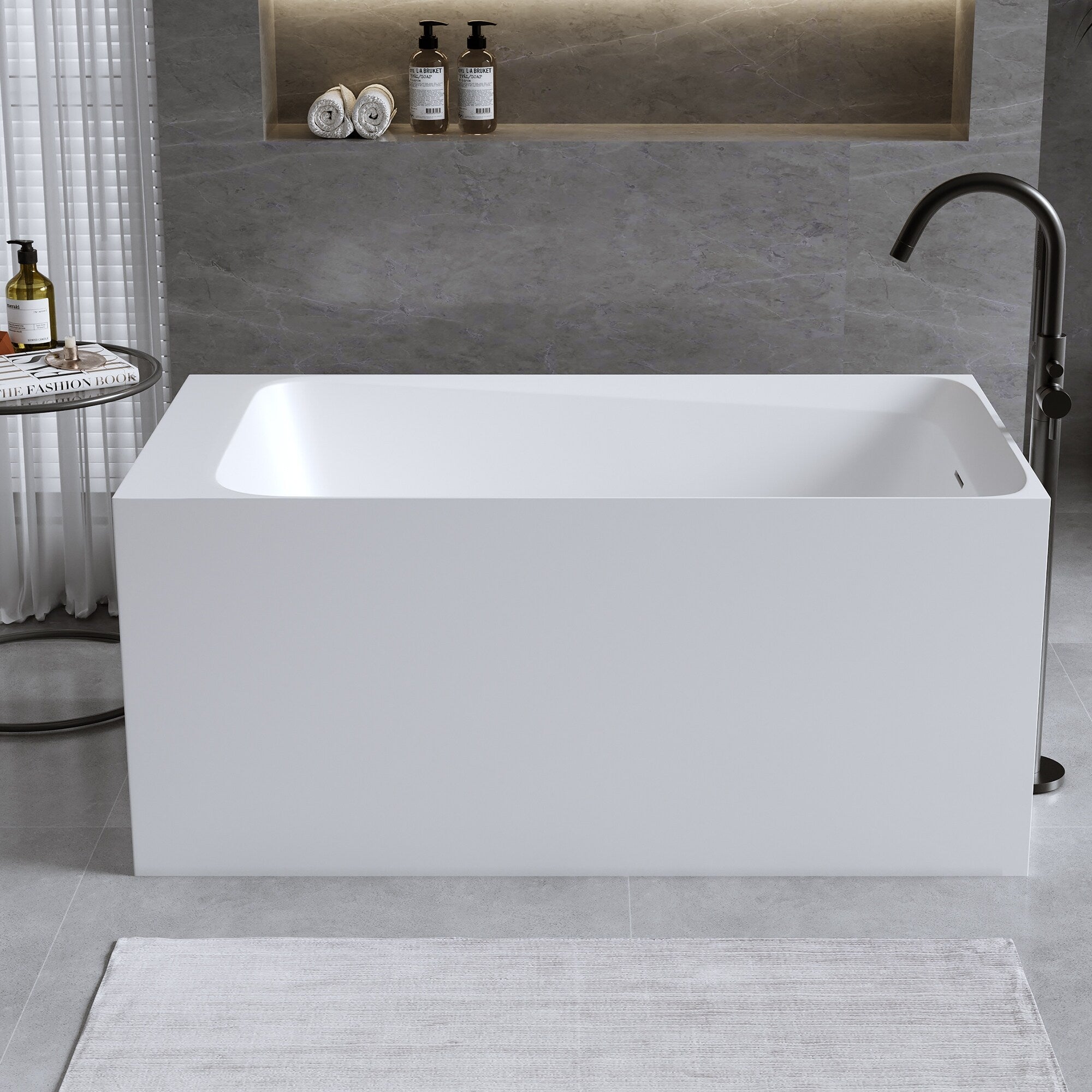 Solid Surface Freestanding Soaking Bathtub With Center Drain And Pop Up Drain Modern Matte White Tubs With Overflow