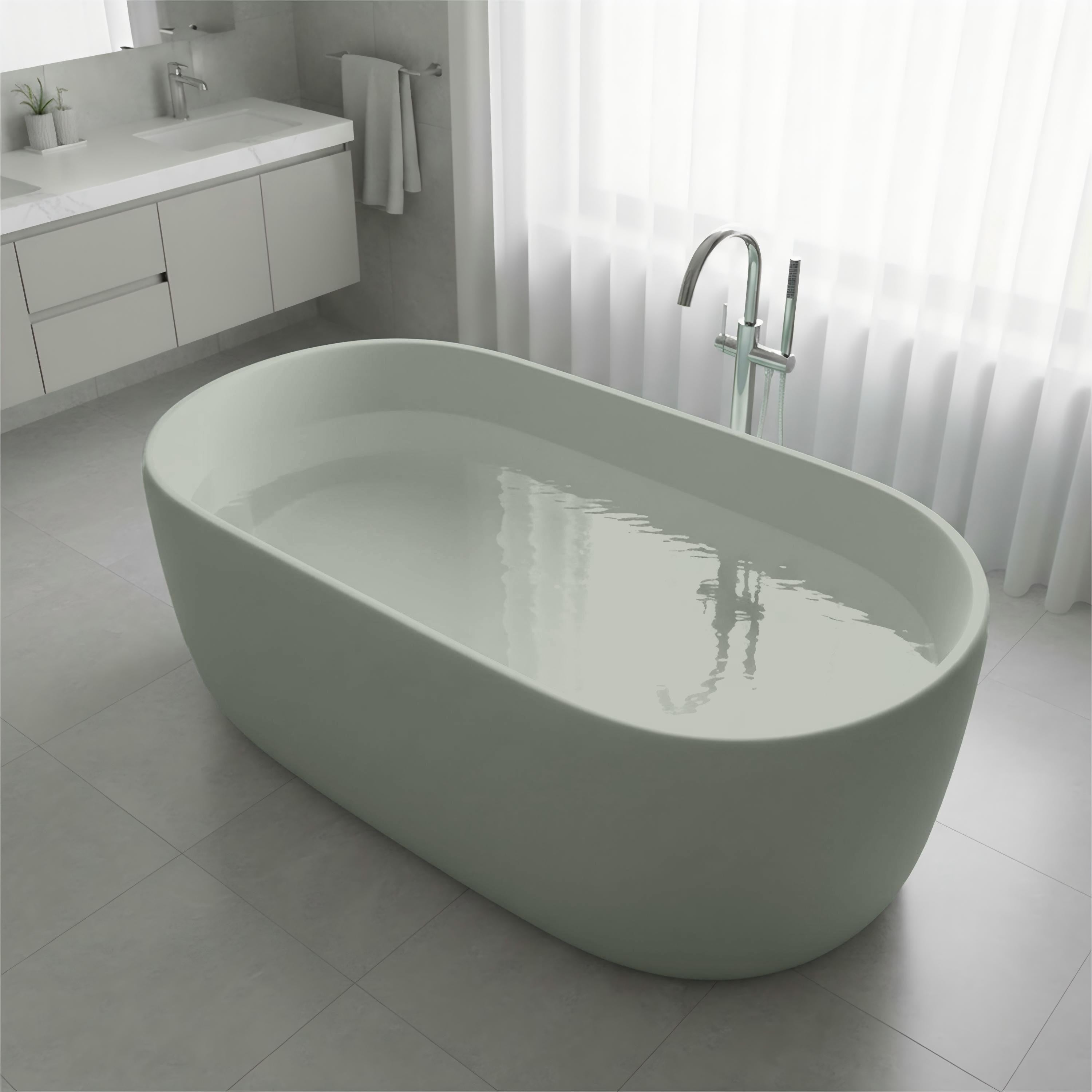 Solid Surface Freestanding Soaking Bathtub With Center Drain And Pop Up Drain Modern Tubs With Overflow
