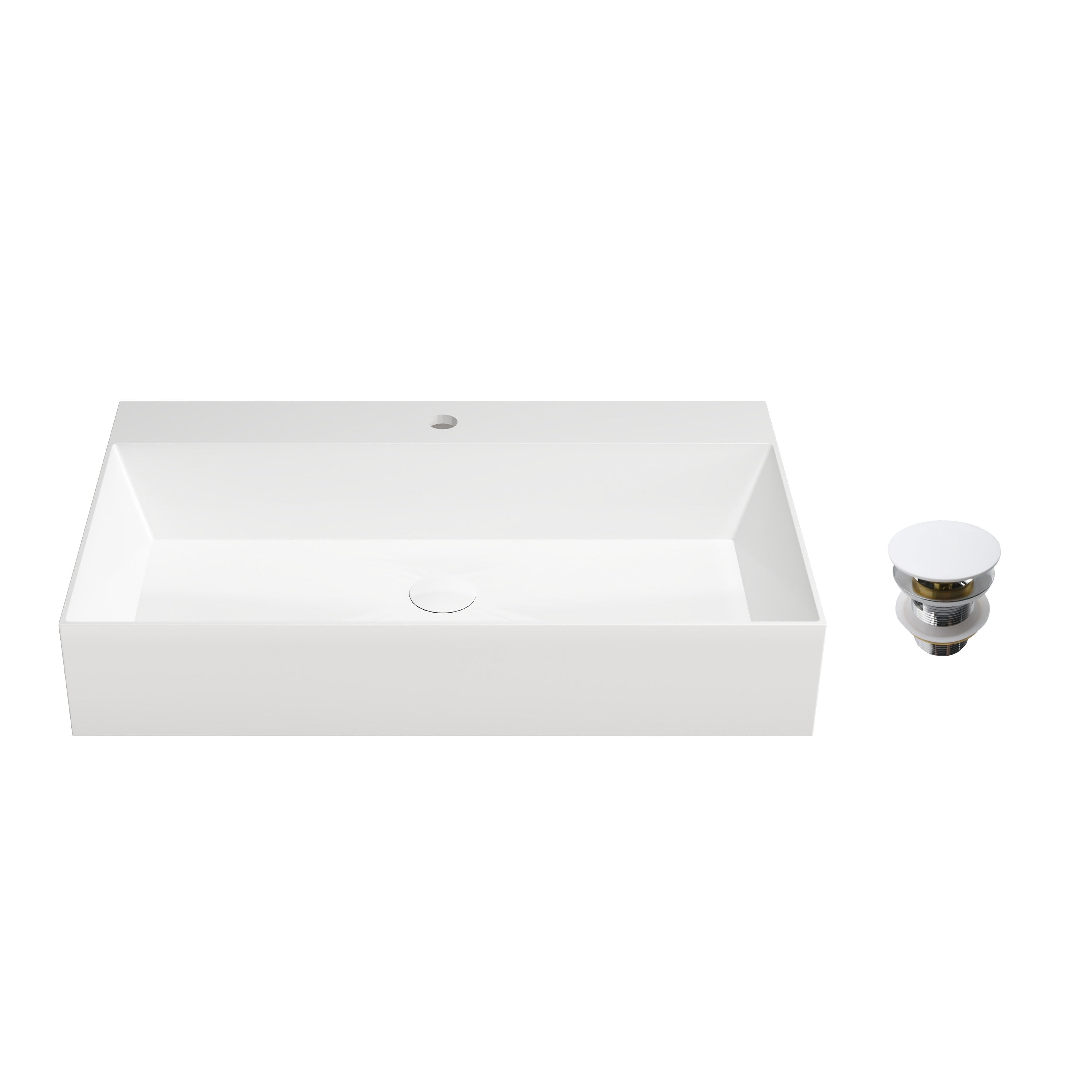 Solid Surface Wall Mounted Rectangular Bathroom Sink With Pop Up Drain Modern Floating Wash Basin With Center Drain