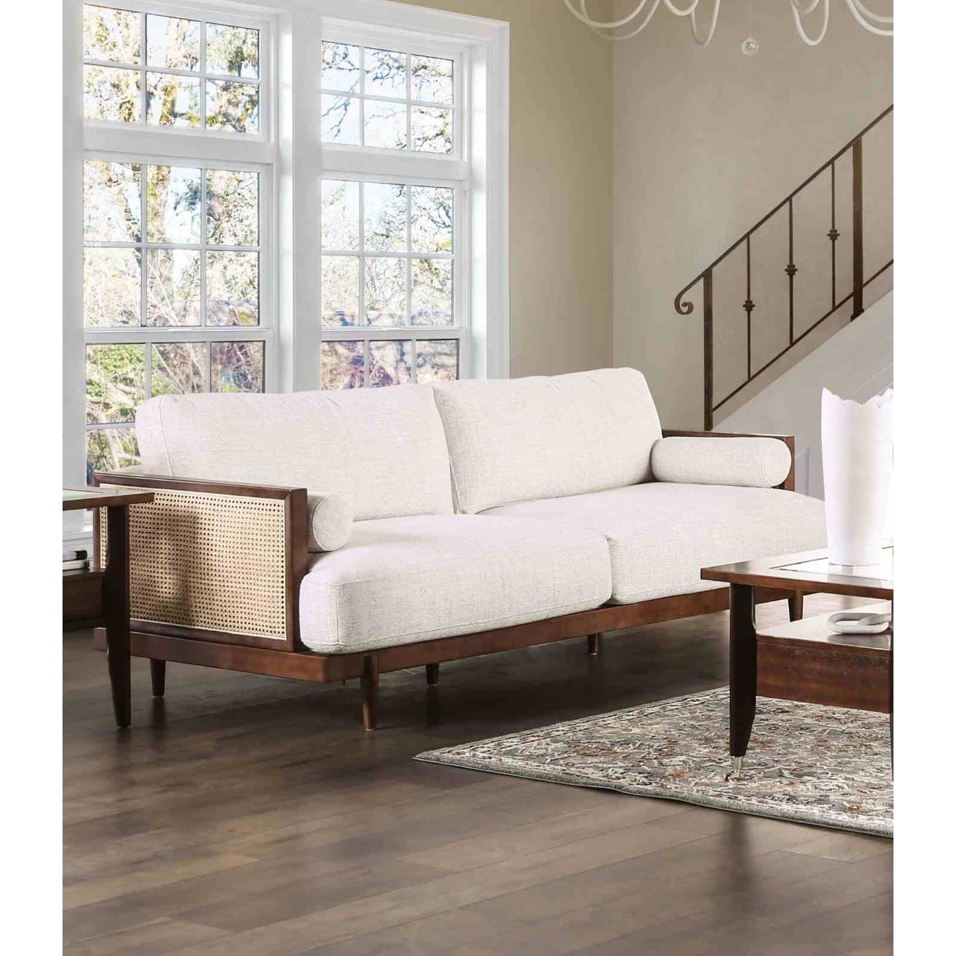 Solid Wood 1Pc Sofa Rattan Details Loose Pillows Modern