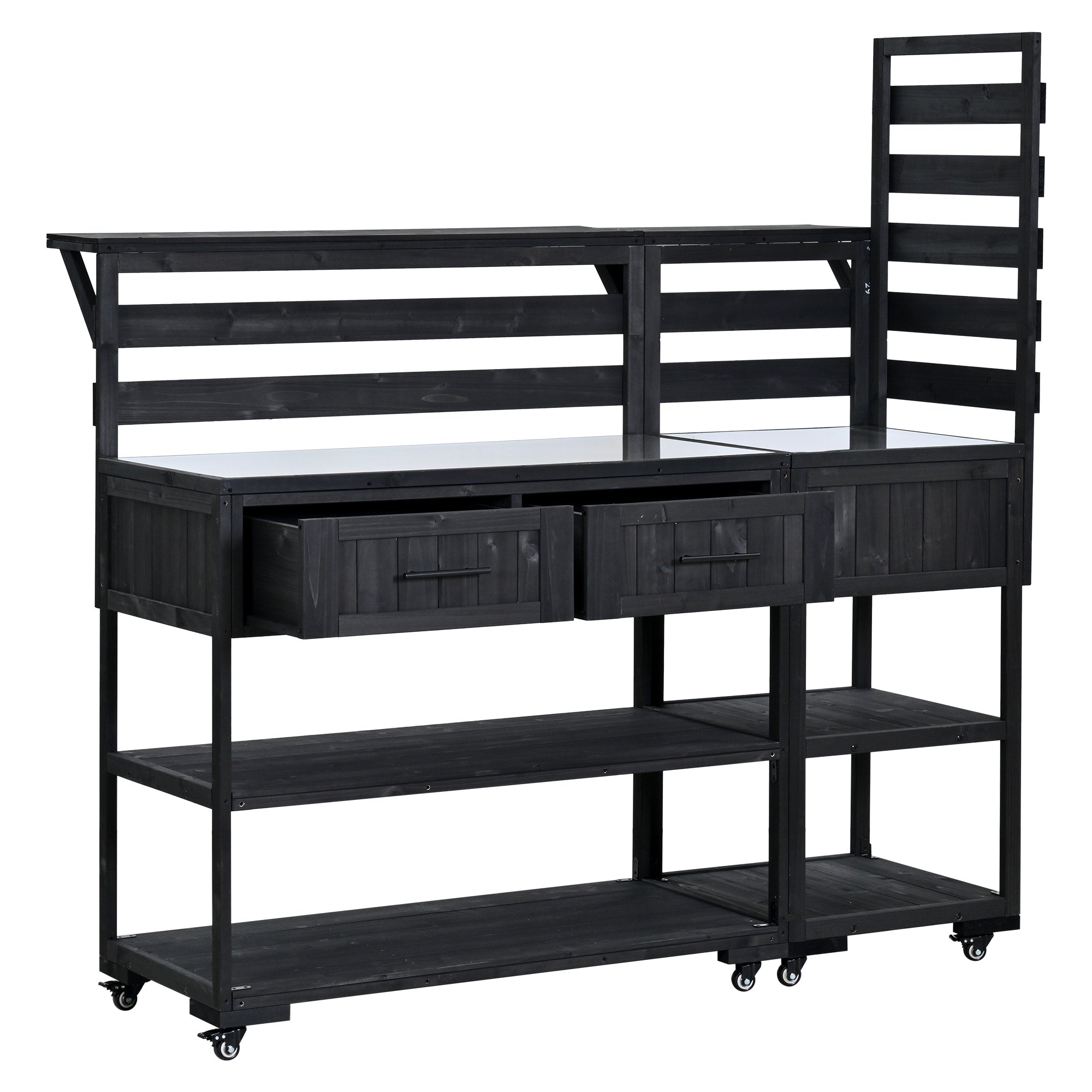 Solid Wood 62.3 Patio Kitchen Island Kitchen Cart With Stainless Table Top Garden Potting Bench With Raised Shelf And Drawers