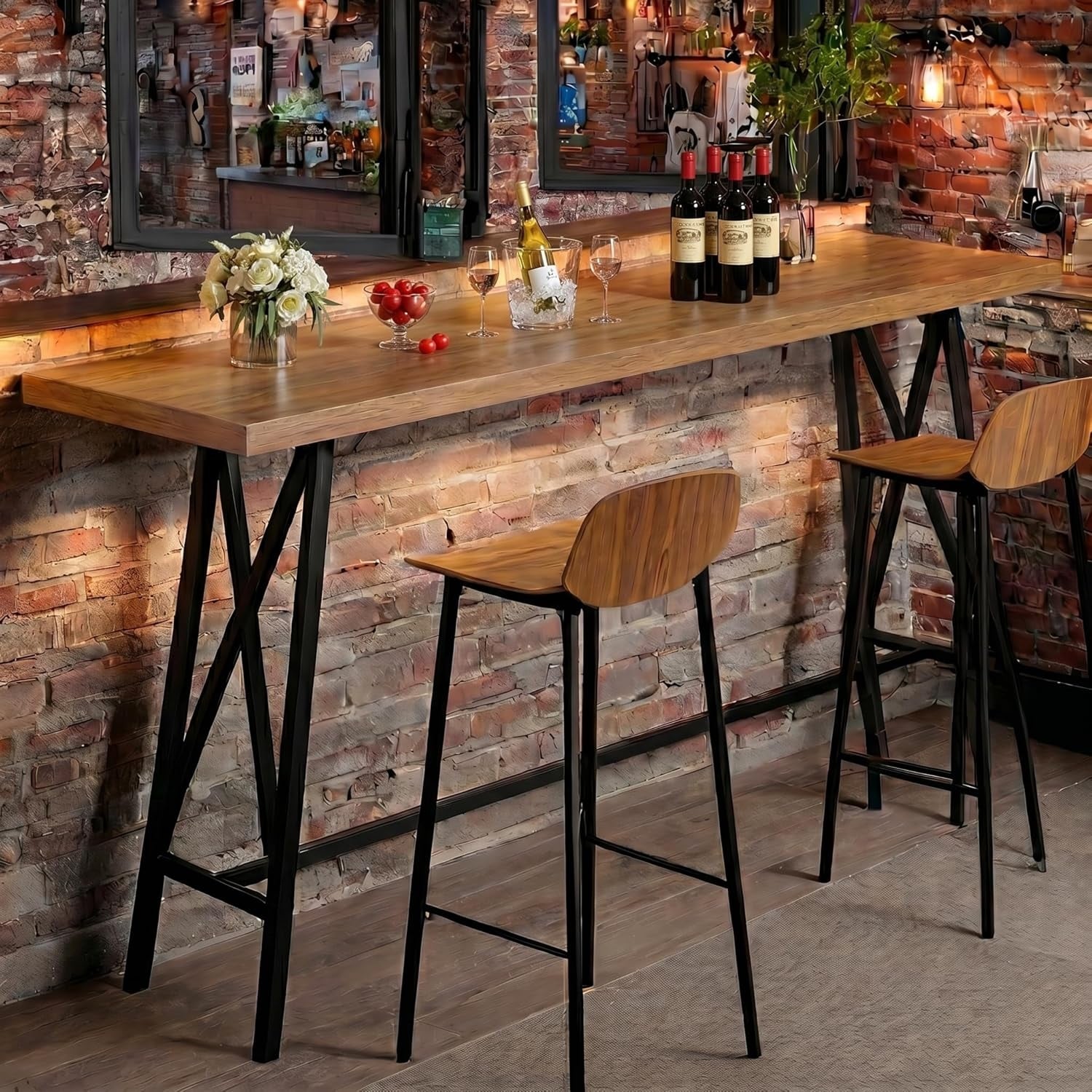 Solid Wood Bar Table With Metal Footrest 63 Rectangular Counter Height Pub Bistro Table 63 L X 15.75 W X 39.37 H