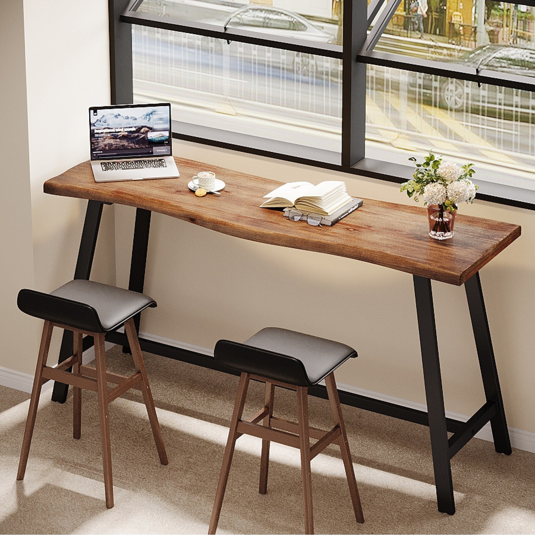 Solid Wood Bar Table 55.1 Inch Counter Height Pub Table With Sturdy Metal Frame