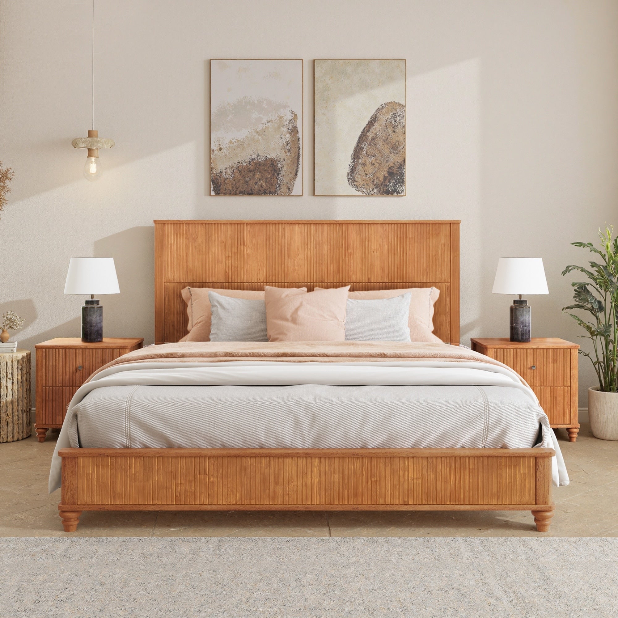 Solid Wood Bed Frame King Platform Bed Frame With Headboard Tall Headboard Natural Wood Bed No Box Spring Needed