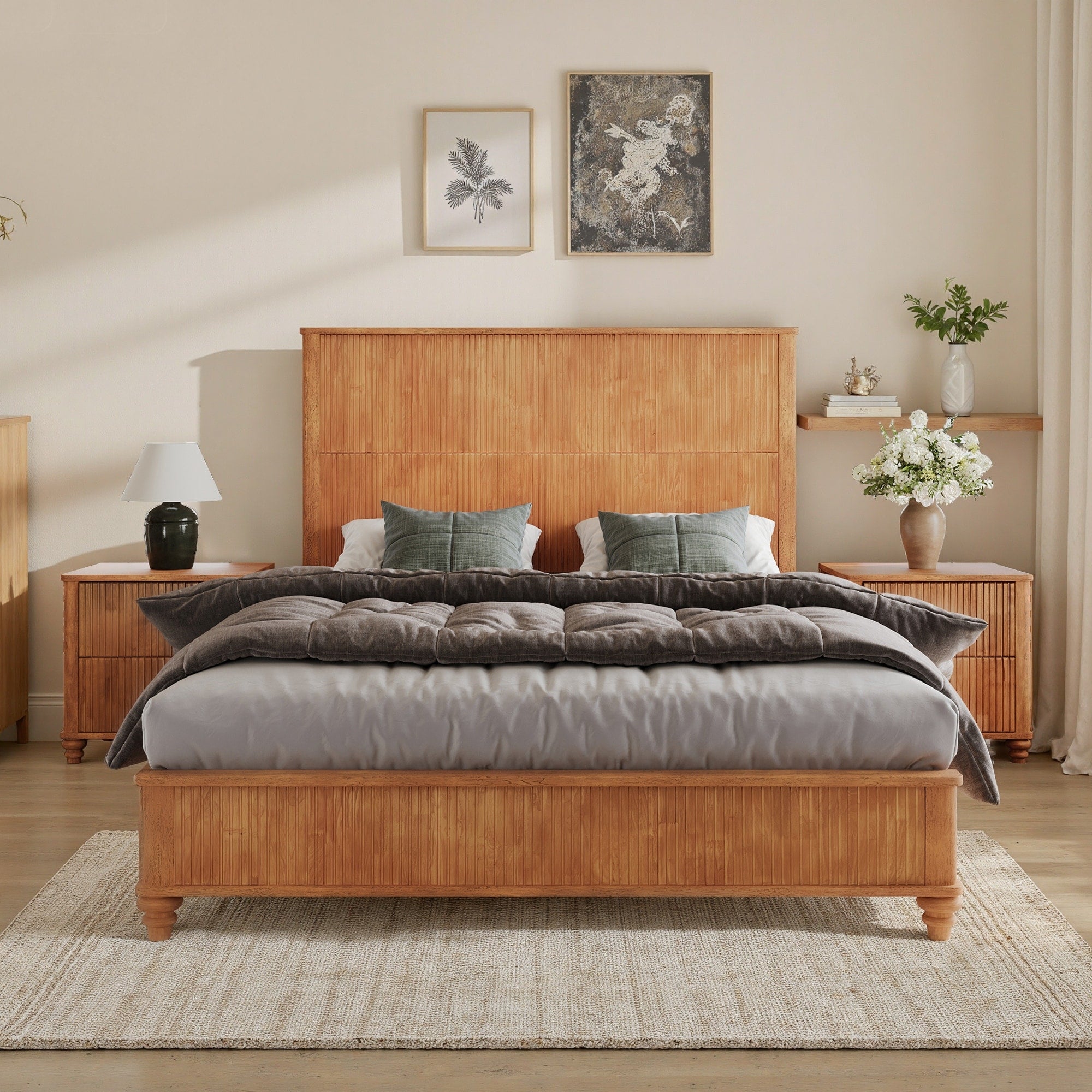 Solid Wood Bed Frame Queen Platform Bed Frame With Headboard Tall Headboard Natural Wood Bed No Box Spring Needed